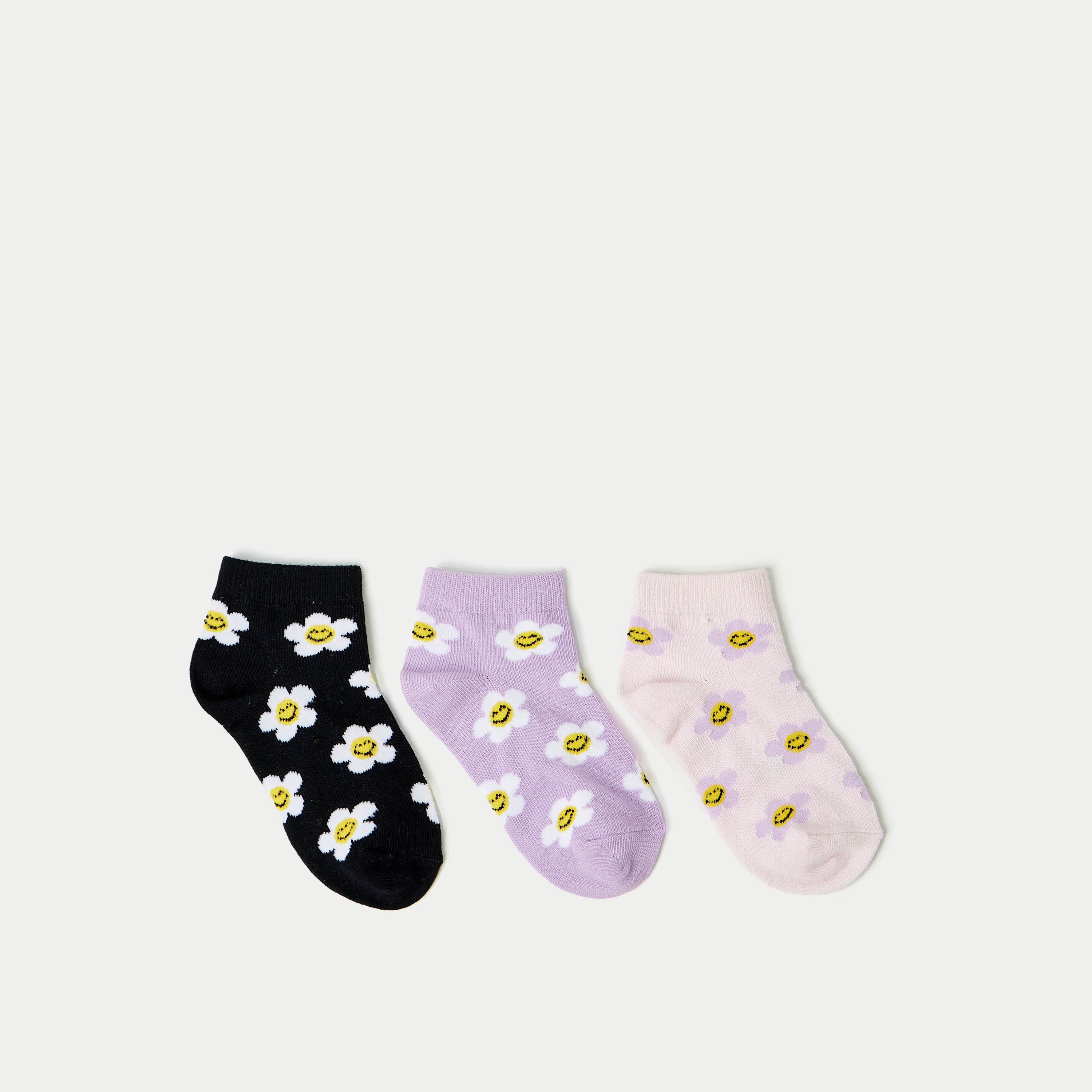 Juniors Floral Detail Ankle Length Socks - Set of 3-girls-accessories-socks-image-1