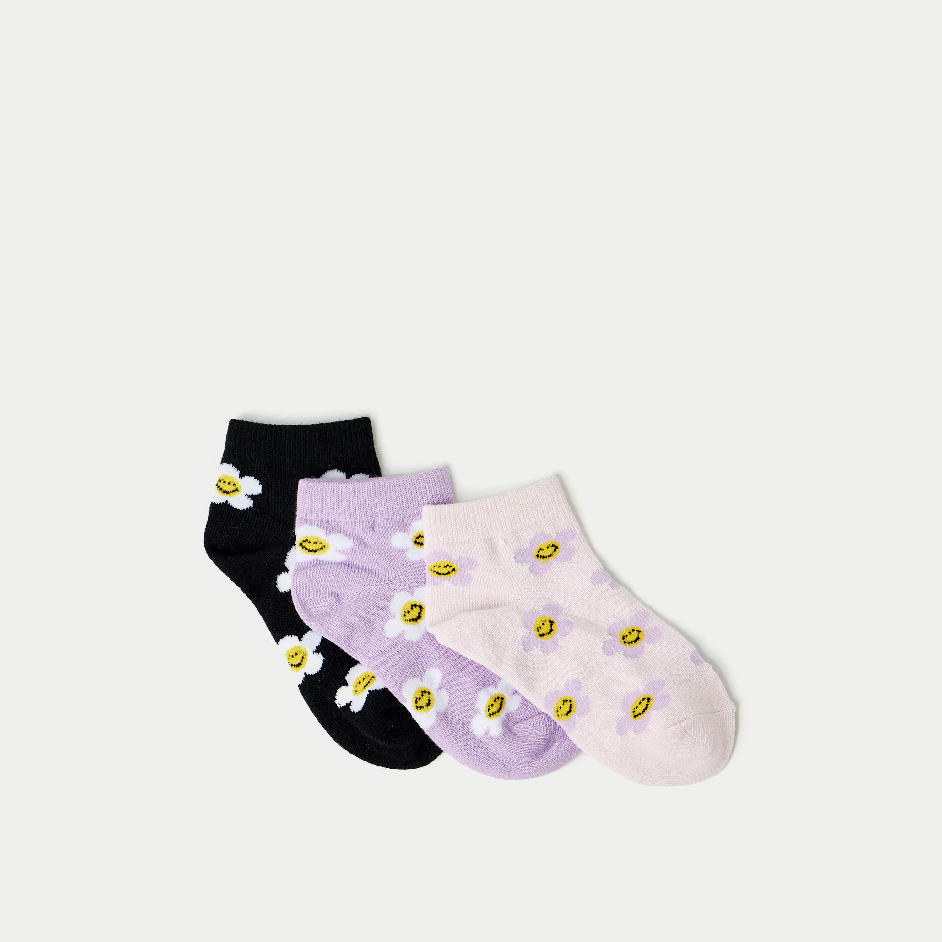 Juniors Floral Detail Ankle Length Socks - Set of 3-girls-accessories-socks-image-2