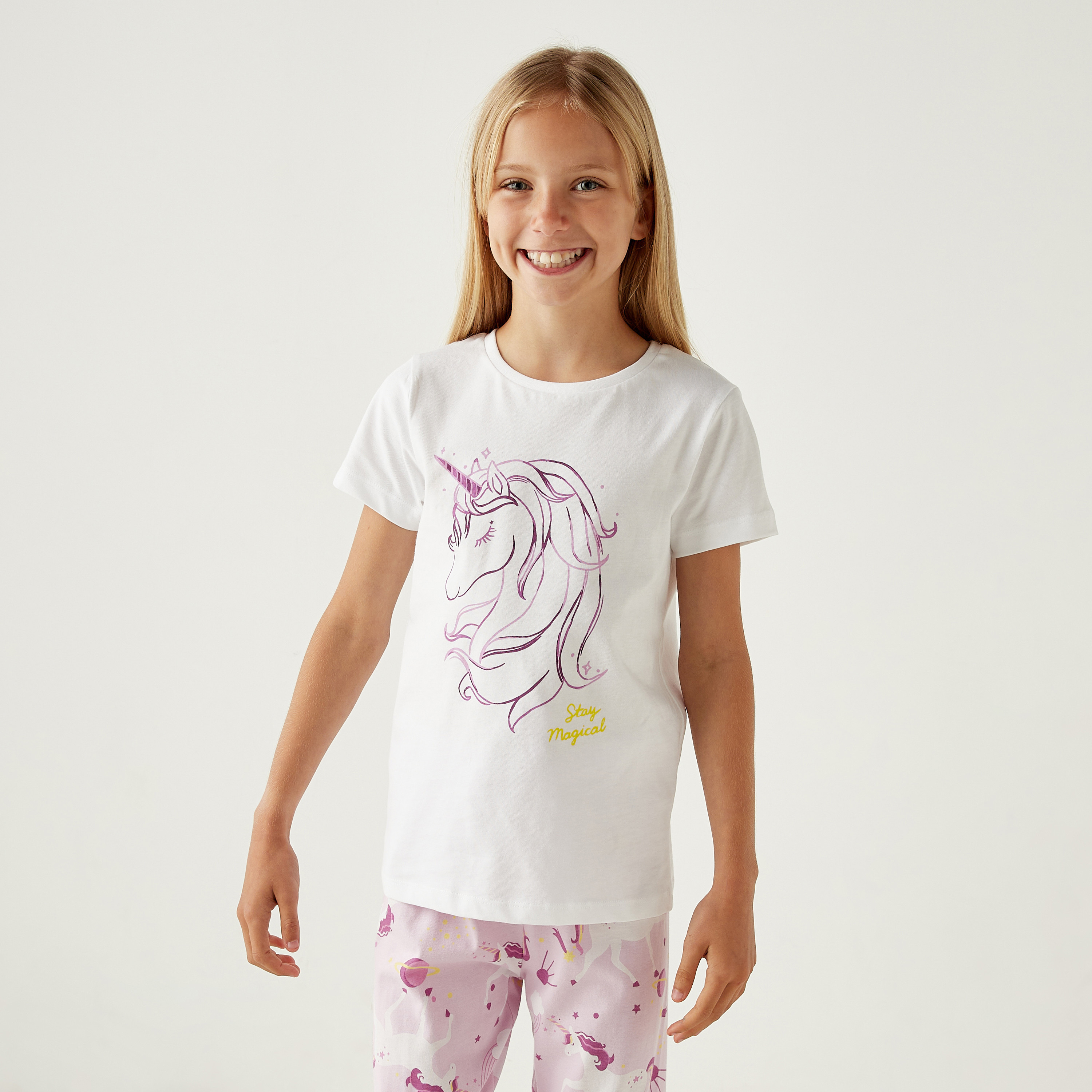 Juniors Unicorn Print T-shirt and Pyjama Set-girls-clothing-nightwear-image-2