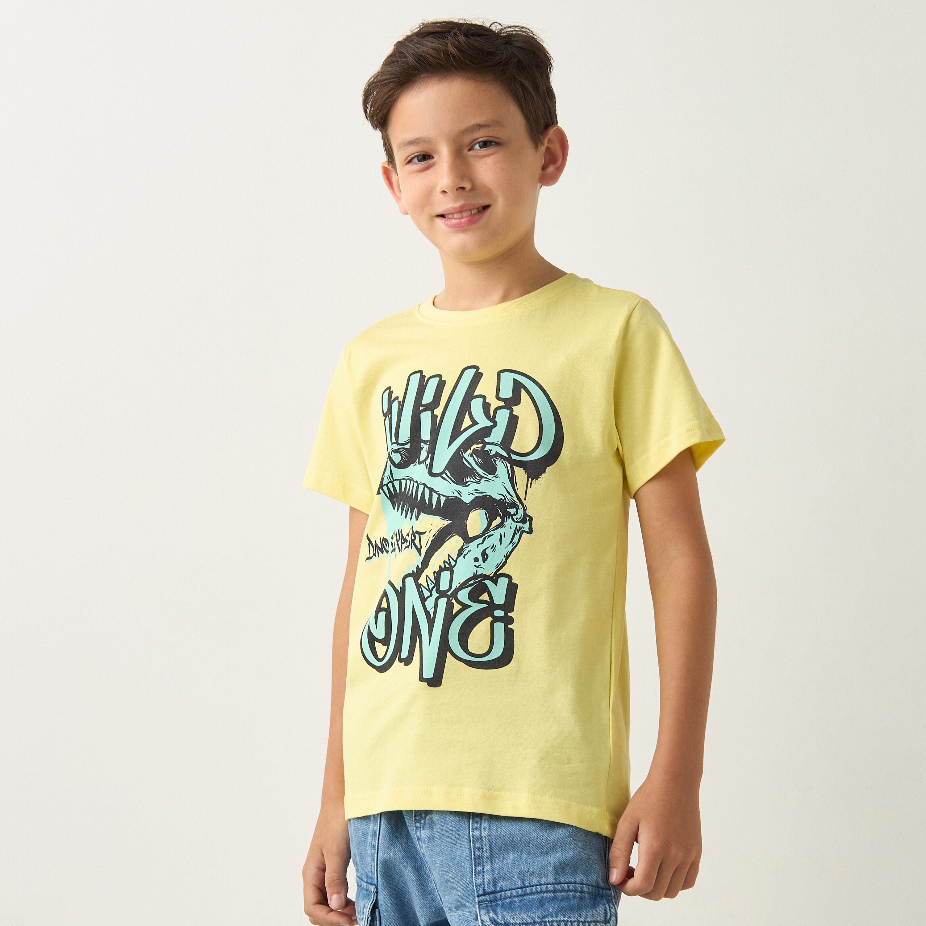 Juniors Dinosaur Graphic Print T-shirt with Short Sleeves and Crew Neck-boys-clothing-tshirtsandpolos-image-1