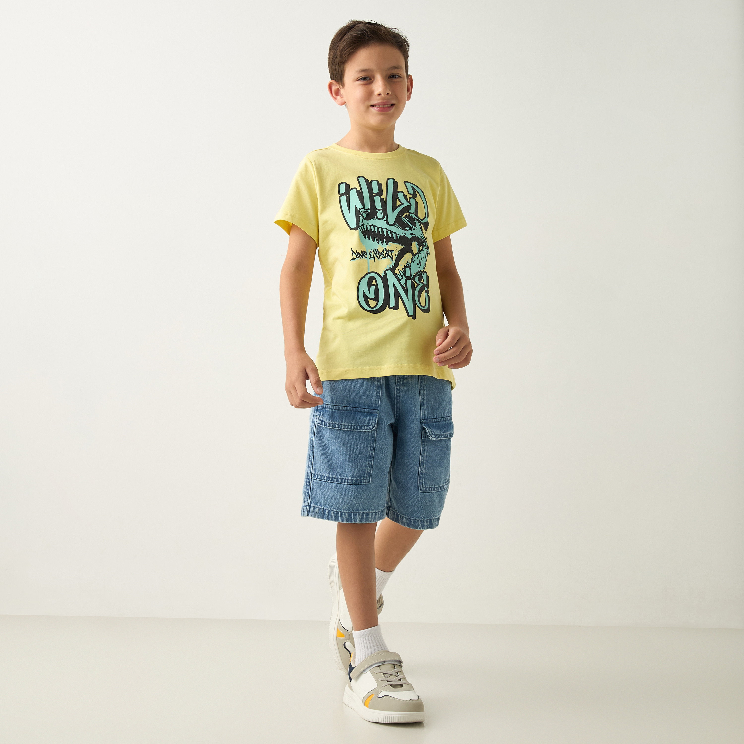 Juniors Dinosaur Graphic Print T-shirt with Short Sleeves and Crew Neck-boys-clothing-tshirtsandpolos-image-2