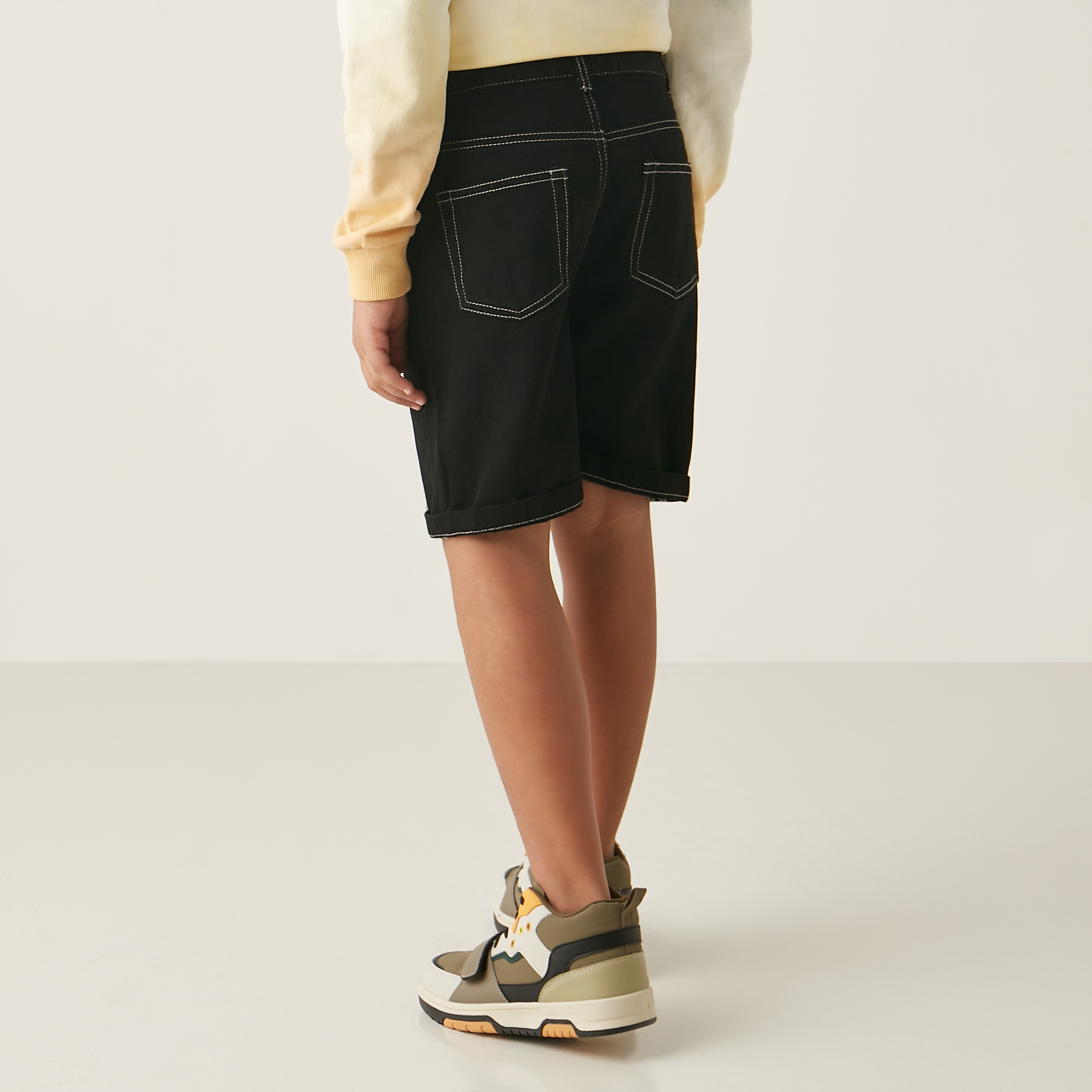 Juniors Solid Denim Shorts with Button Closure and Pockets-boys-clothing-bottoms-shorts-image-3