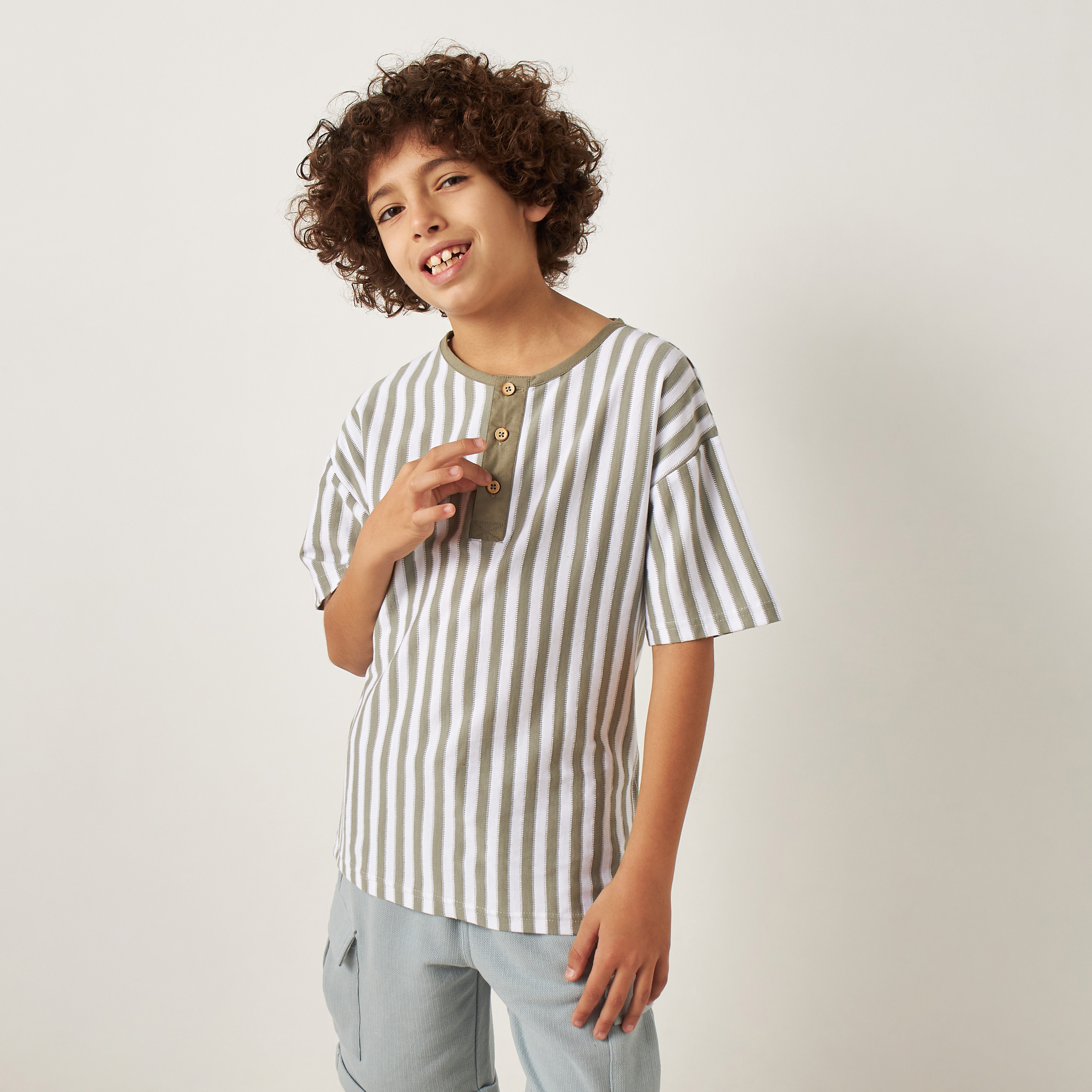Eligo Striped Mandarin Neck T-shirt with Short Sleeves and Button Closure-boys-clothing-tshirtsandpolos-image-1