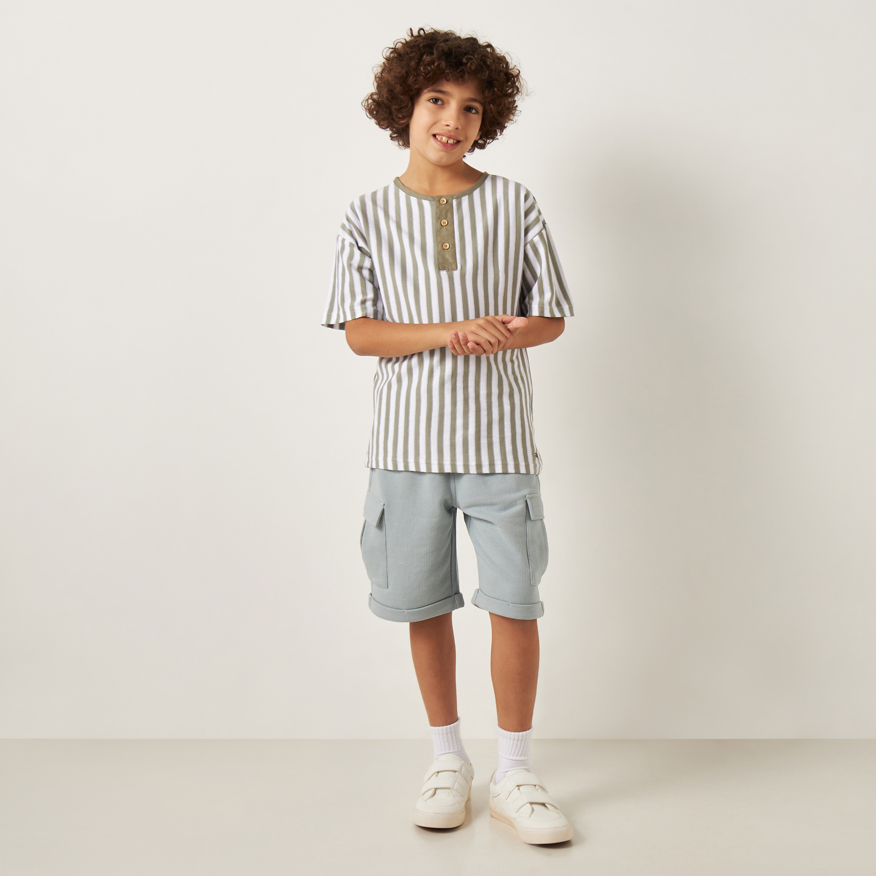 Eligo Striped Mandarin Neck T-shirt with Short Sleeves and Button Closure-boys-clothing-tshirtsandpolos-image-2
