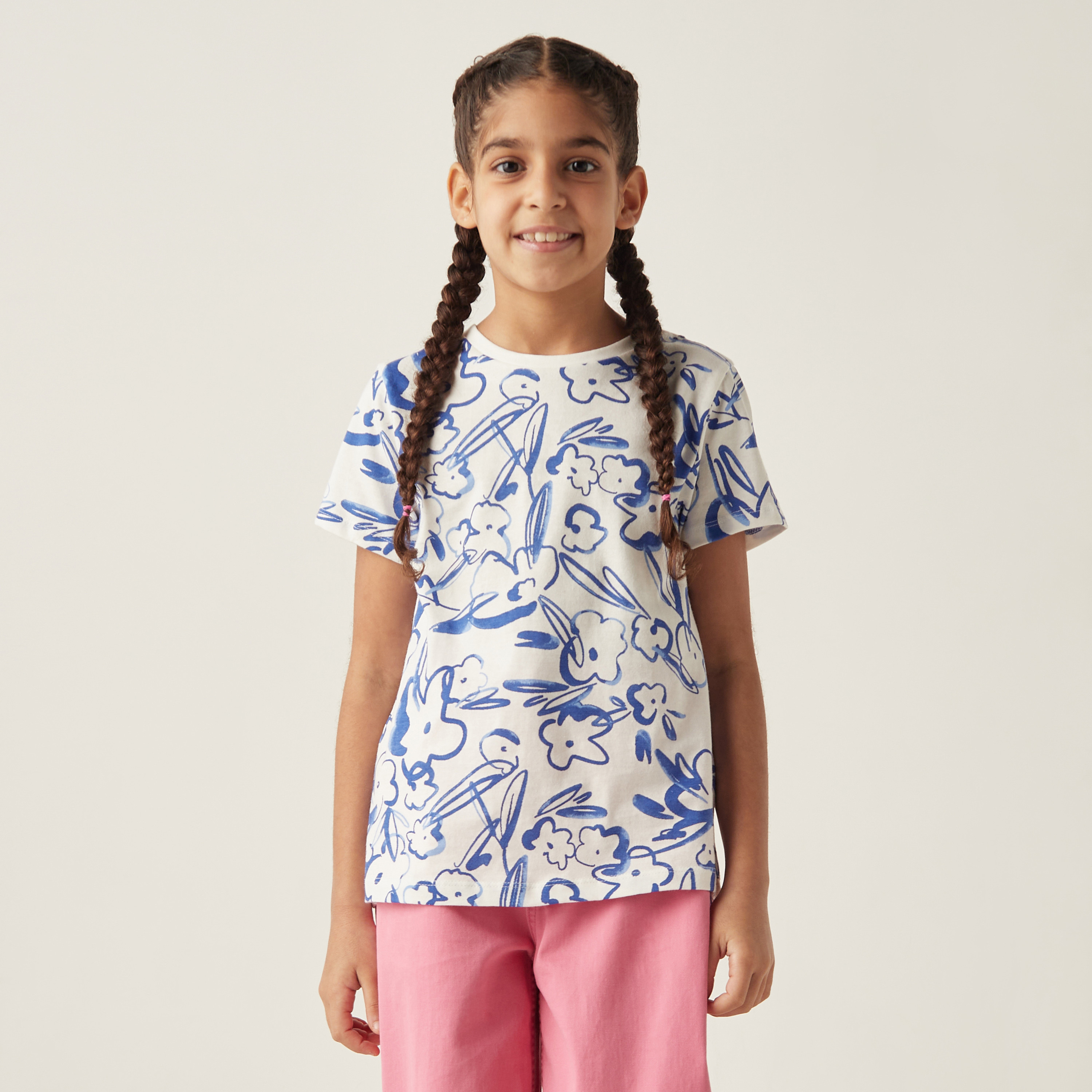 Juniors All-Over Floral Print T-shirt with Short Sleeves-girls-clothing-tshirts-image-1
