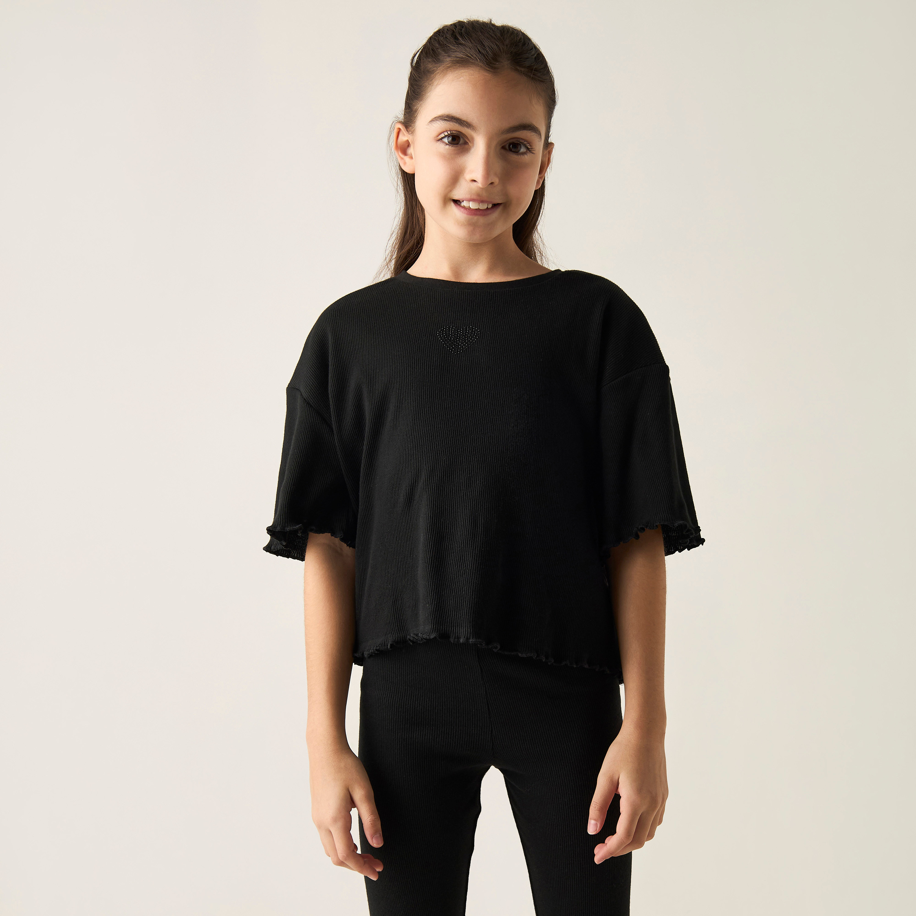 Juniors Heart Detail Ribbed T-shirt with Short Sleeves-girls-clothing-tshirts-image-1