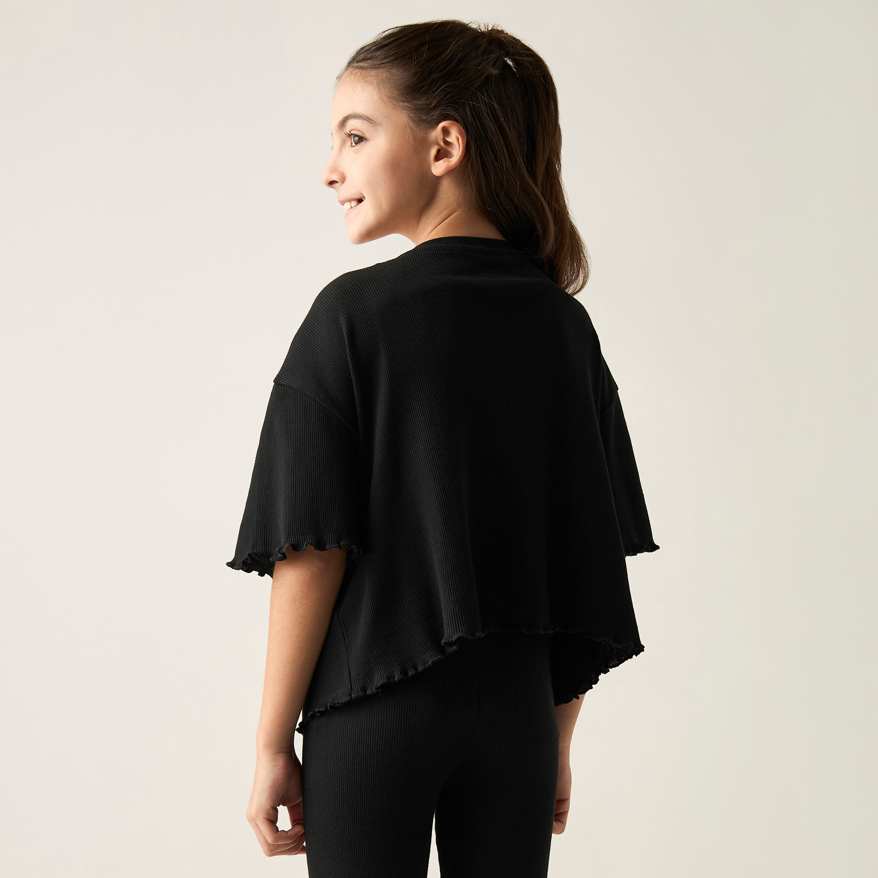 Juniors Heart Detail Ribbed T-shirt with Short Sleeves-girls-clothing-tshirts-image-3