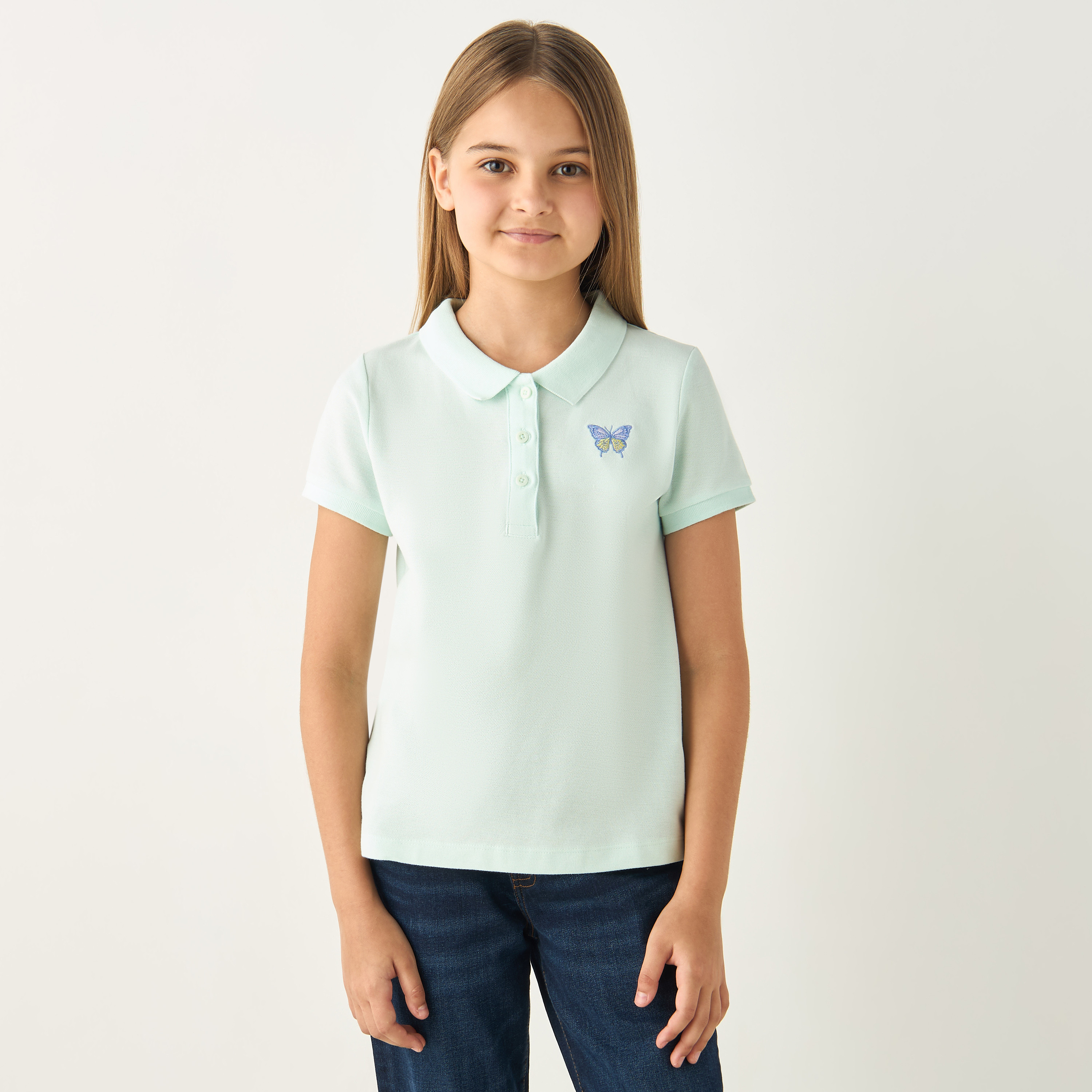 تيشيرت بولو بأكمام قصيرة وتطريز فراشة من جونيورز-girls-clothing-tshirts-image-1