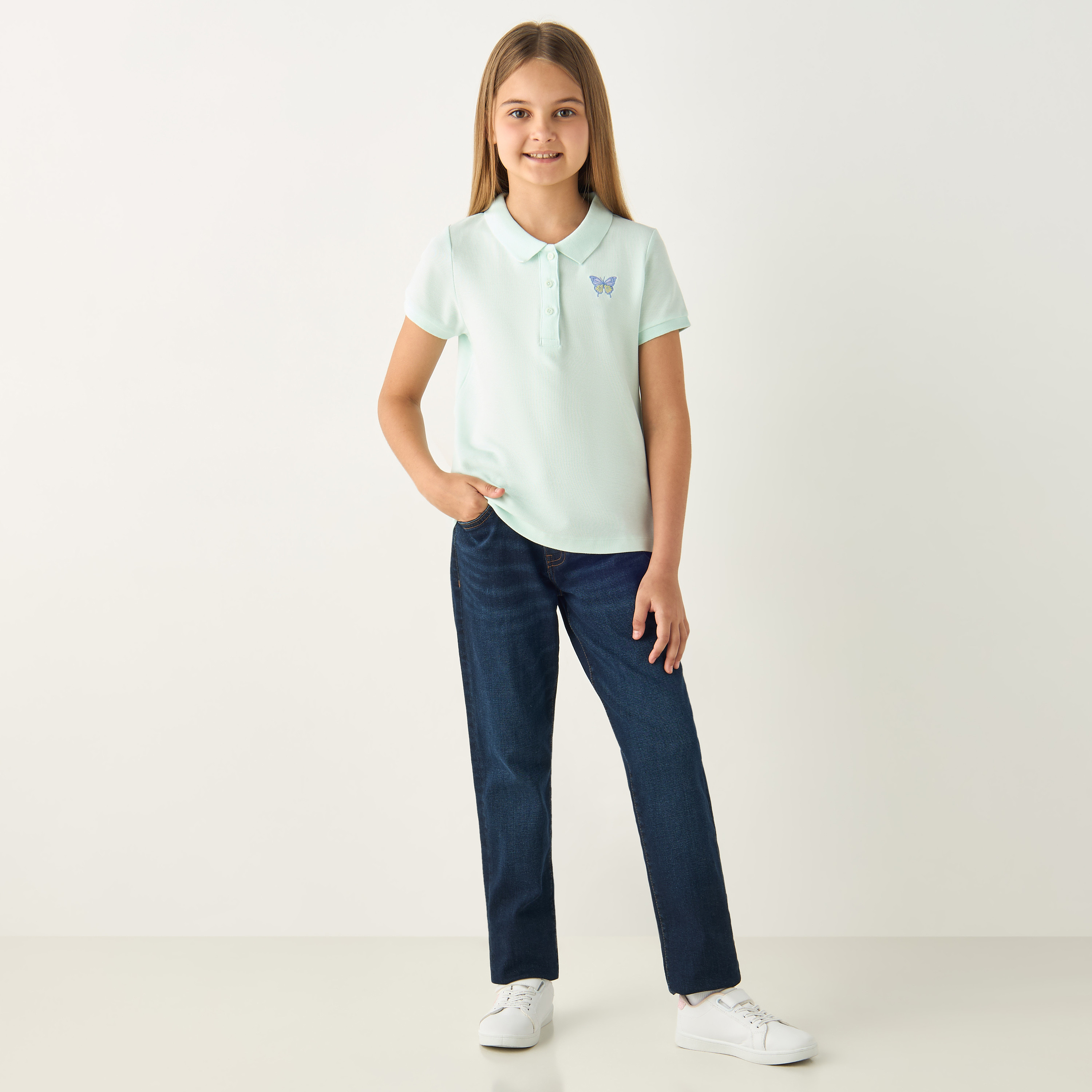 تيشيرت بولو بأكمام قصيرة وتطريز فراشة من جونيورز-girls-clothing-tshirts-image-2