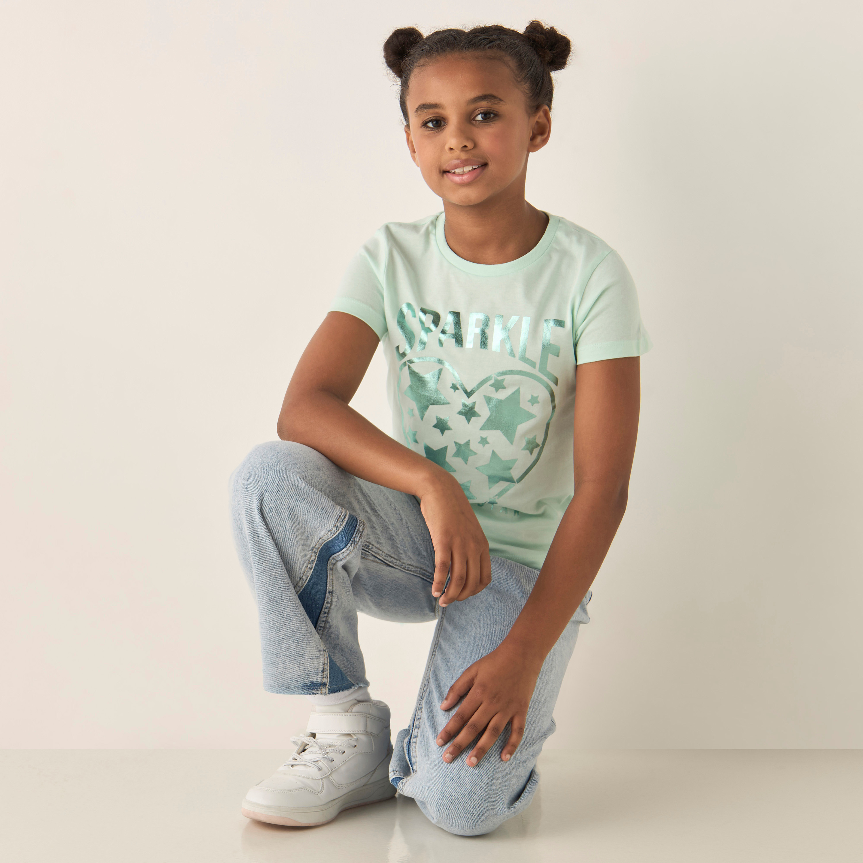Juniors Heart Print Cotton T-shirt with Short Sleeves-girls-clothing-tshirts-image-2