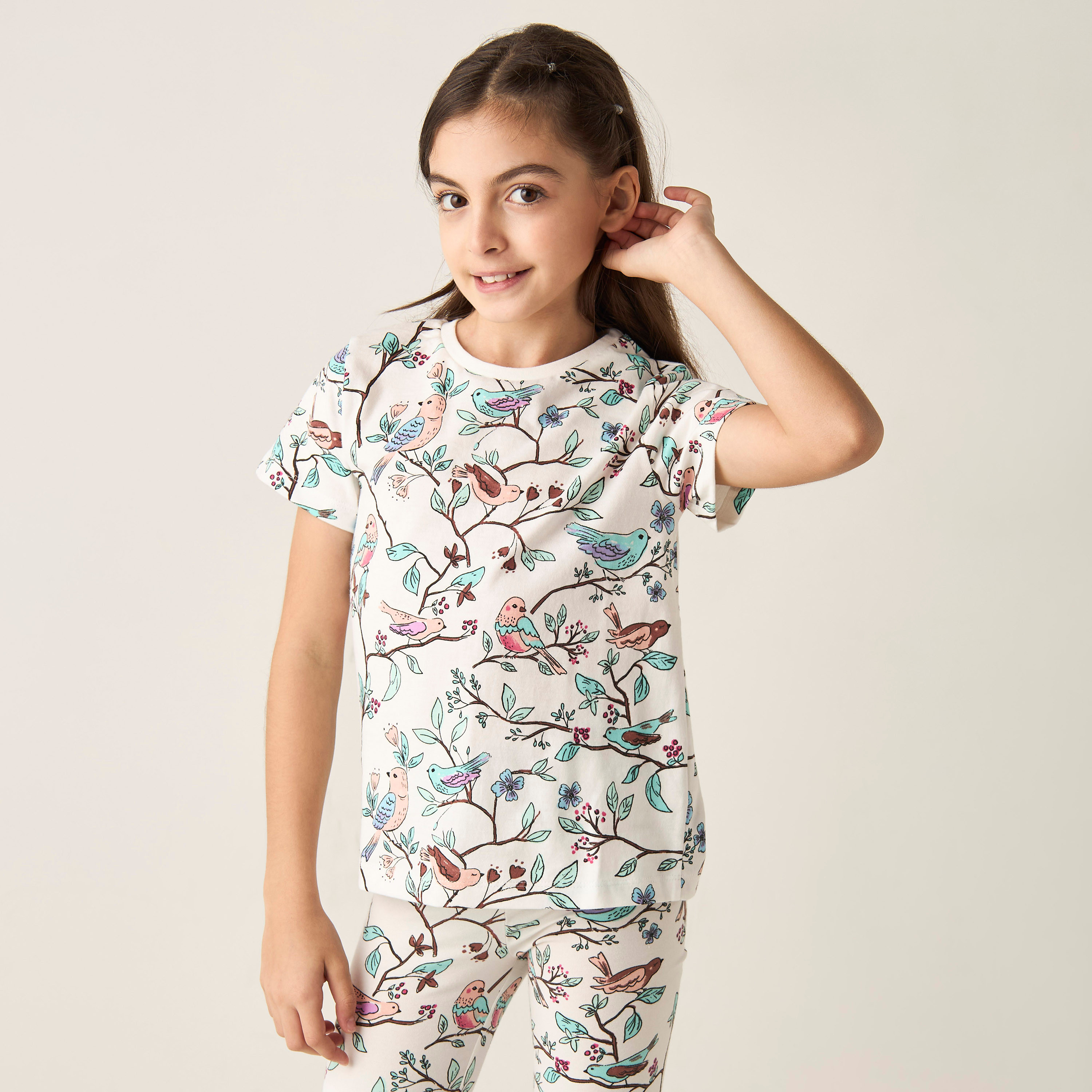 Juniors All-Over Bird Print T-shirt with Short Sleeves and Crew Neck-girls-clothing-tshirts-image-1
