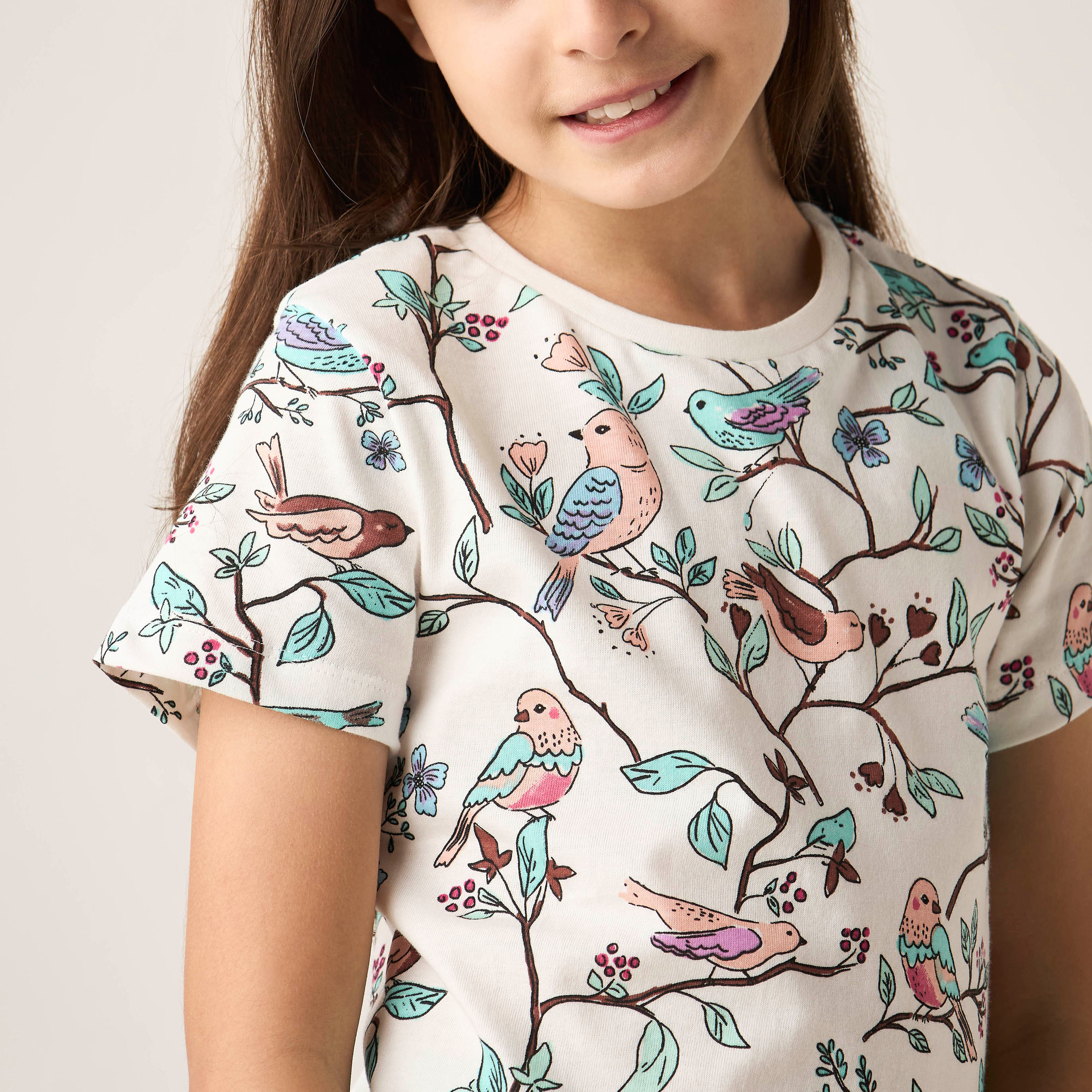 Juniors All-Over Bird Print T-shirt with Short Sleeves and Crew Neck-girls-clothing-tshirts-image-3