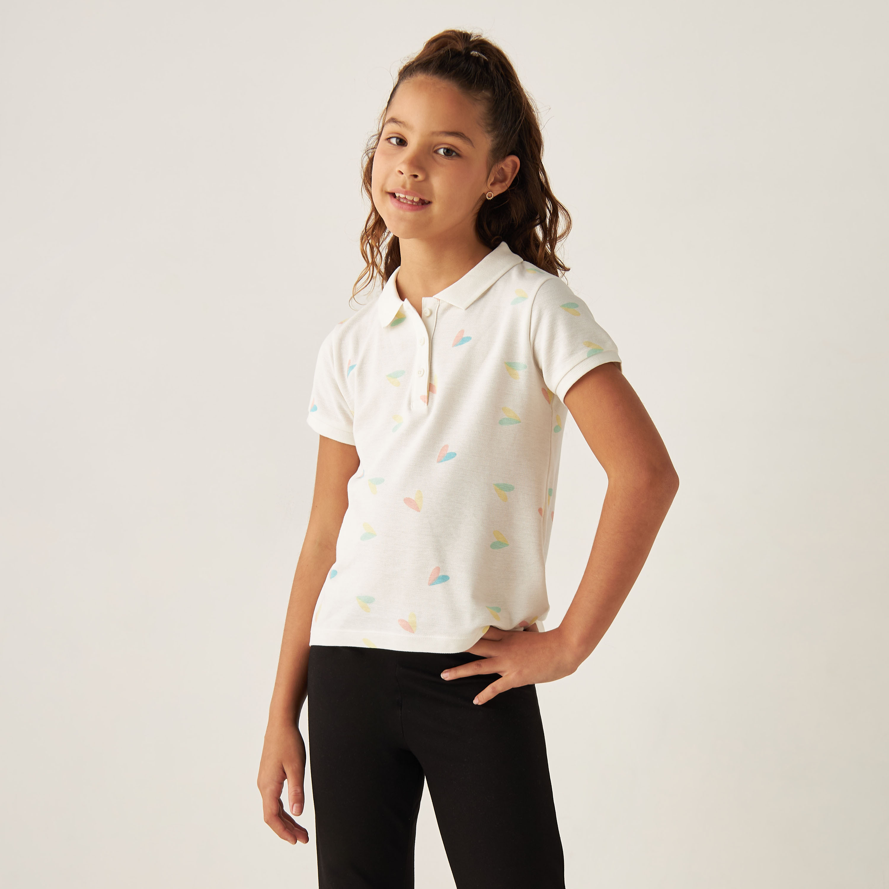 Juniors All-Over Heart Print Polo T-shirt with Short Sleeves-girls-clothing-tshirts-image-1