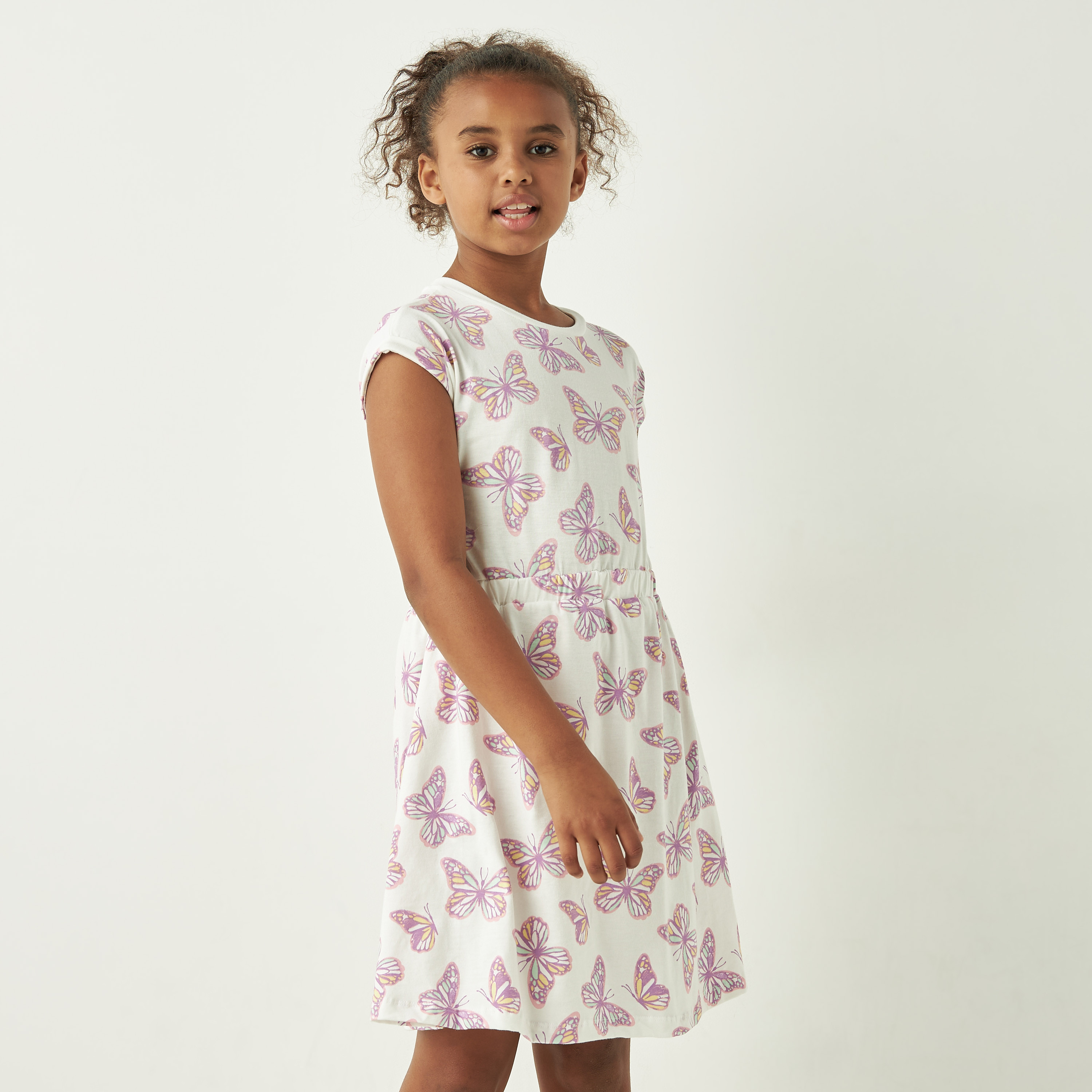 Juniors All-Over Butterfly Print A-Line Dress with Cap Sleeves and Ruffle Detail-girls-clothing-dressesandjumpsuits-image-1