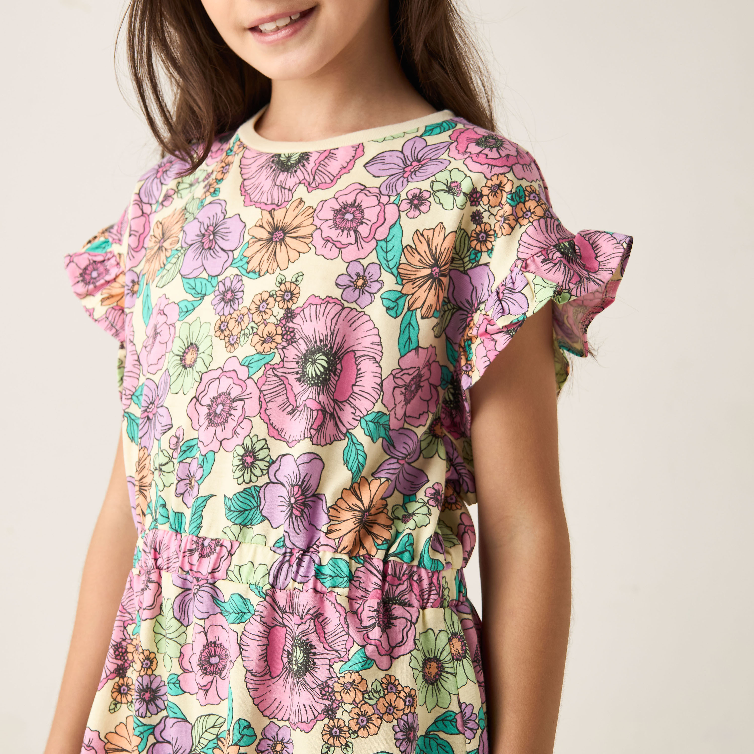 فستان إيه لاين بأكمام قصيرة وكشكش وطبعات أزهار من جونيورز-girls-clothing-dressesandjumpsuits-image-4