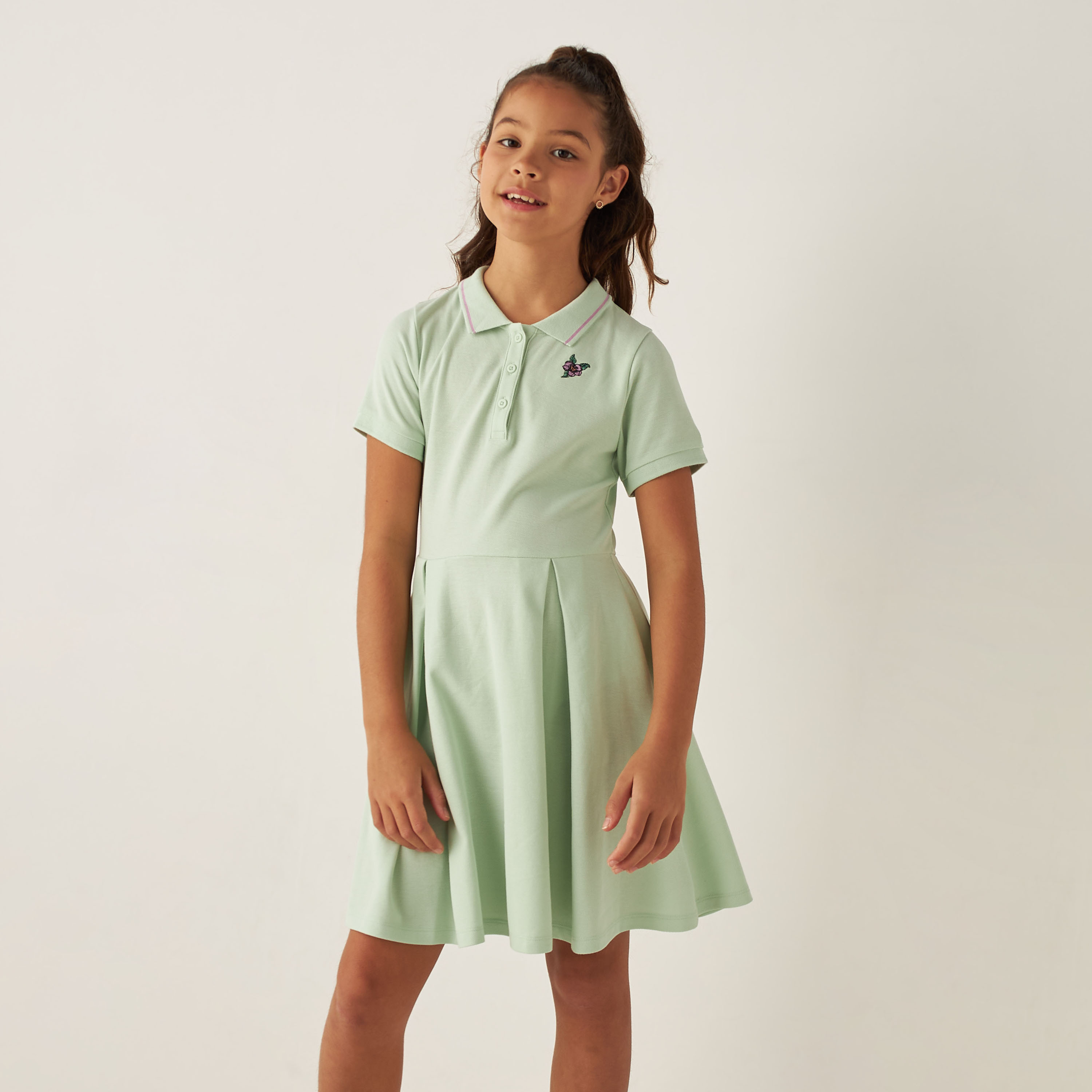 Juniors Floral Print A-line Dress with Collar and Short Sleeves-girls-clothing-dressesandjumpsuits-image-1