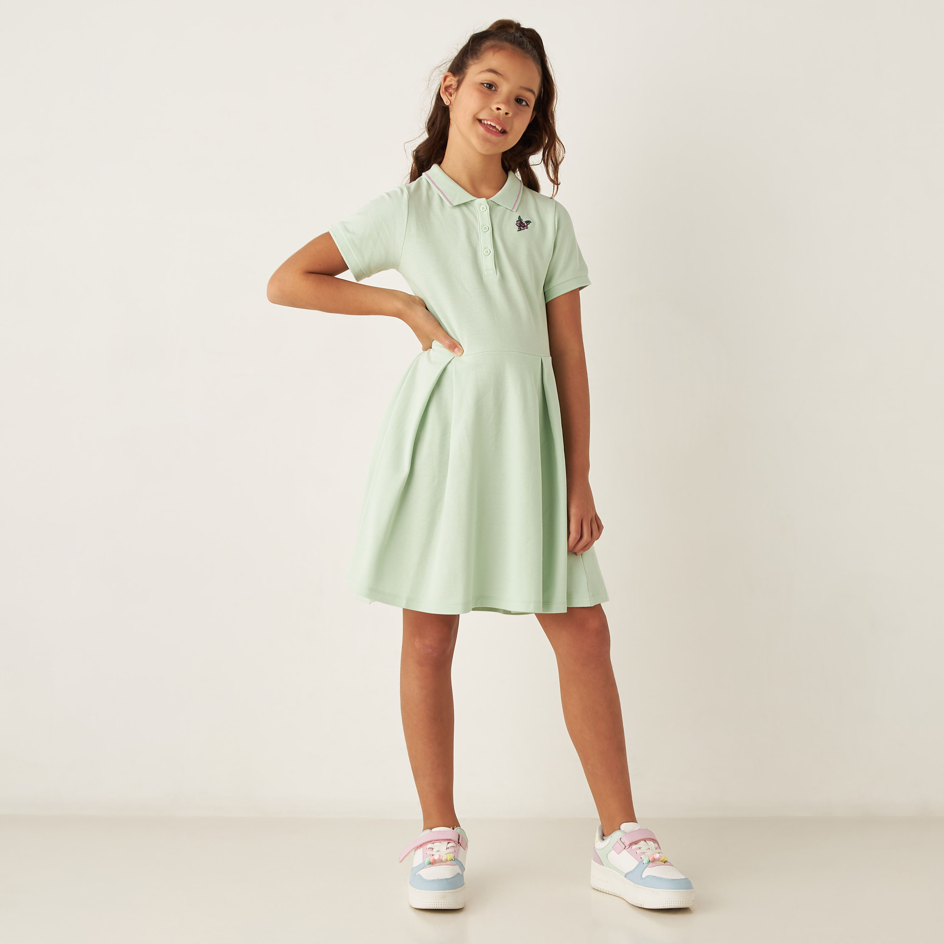 Juniors Floral Print A-line Dress with Collar and Short Sleeves-girls-clothing-dressesandjumpsuits-image-2