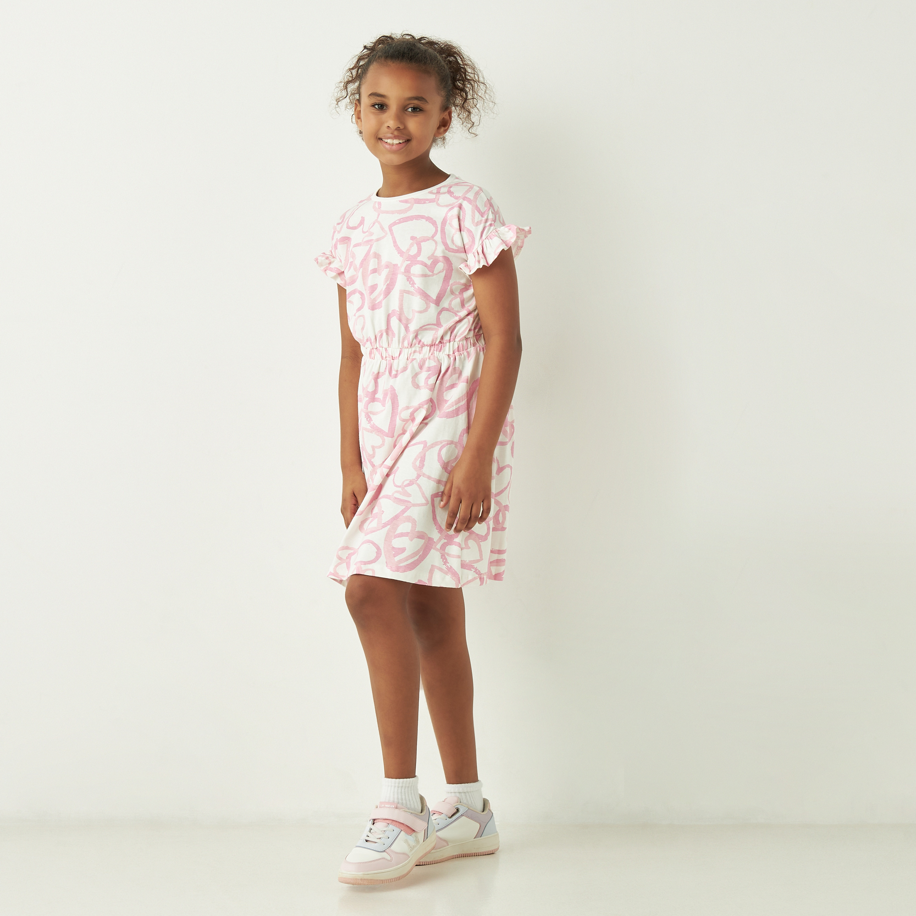 Juniors All-Over Heart Print A-line Dress with Cap Sleeves and Round Neck-girls-clothing-dressesandjumpsuits-image-2