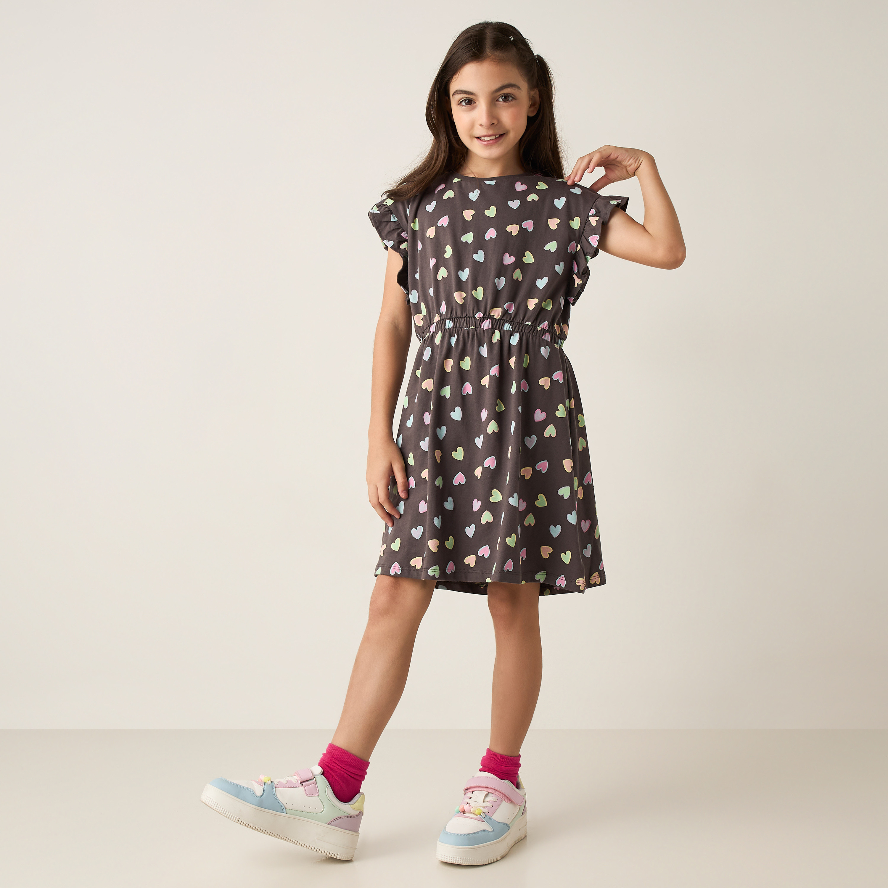 Juniors All-Over Heart Print A-line Dress with Ruffle Sleeves-girls-clothing-dressesandjumpsuits-image-1