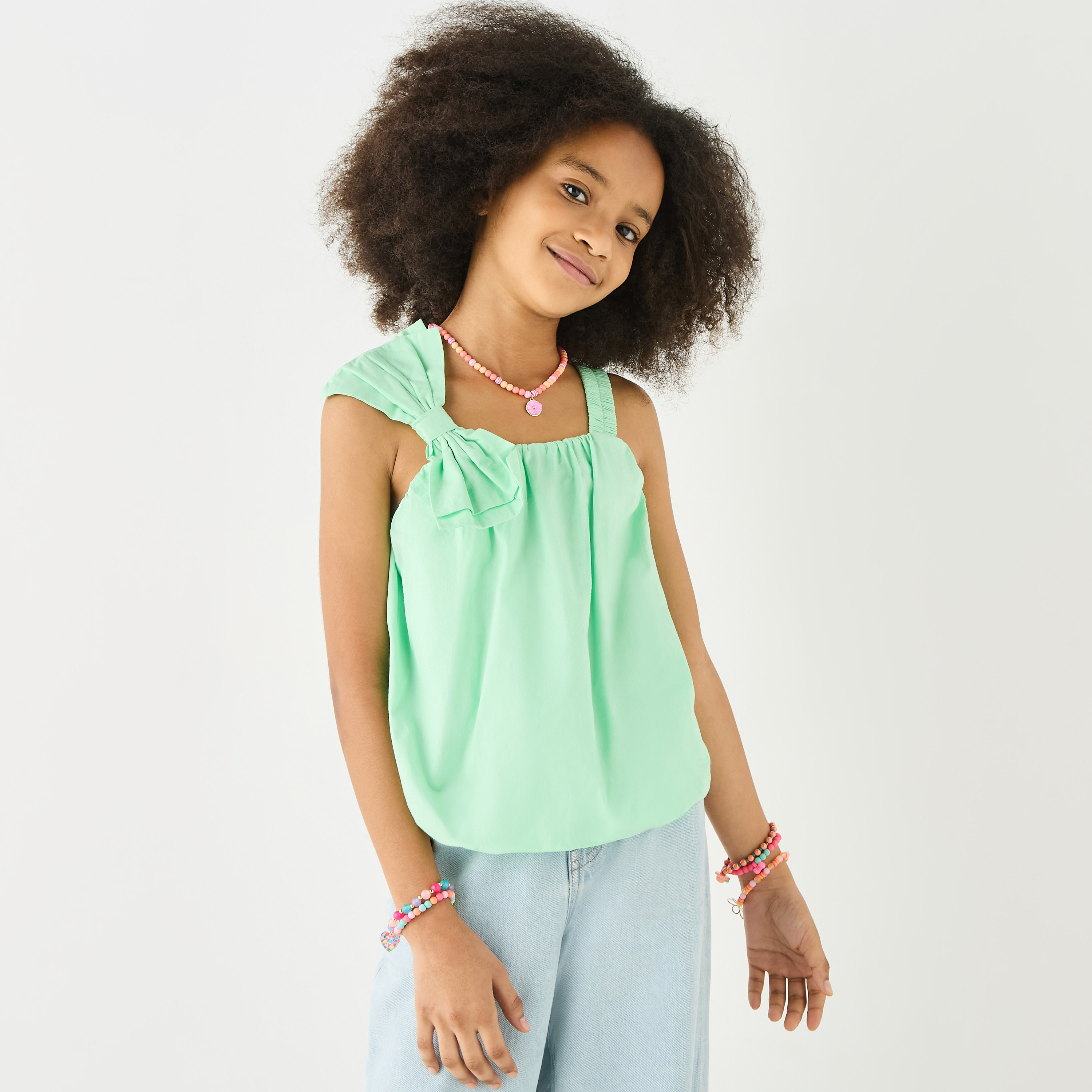 Juniors Solid Sleeveless Top with Bow Applique and Square Neck-girls-clothing-blousesandshirts-image-1