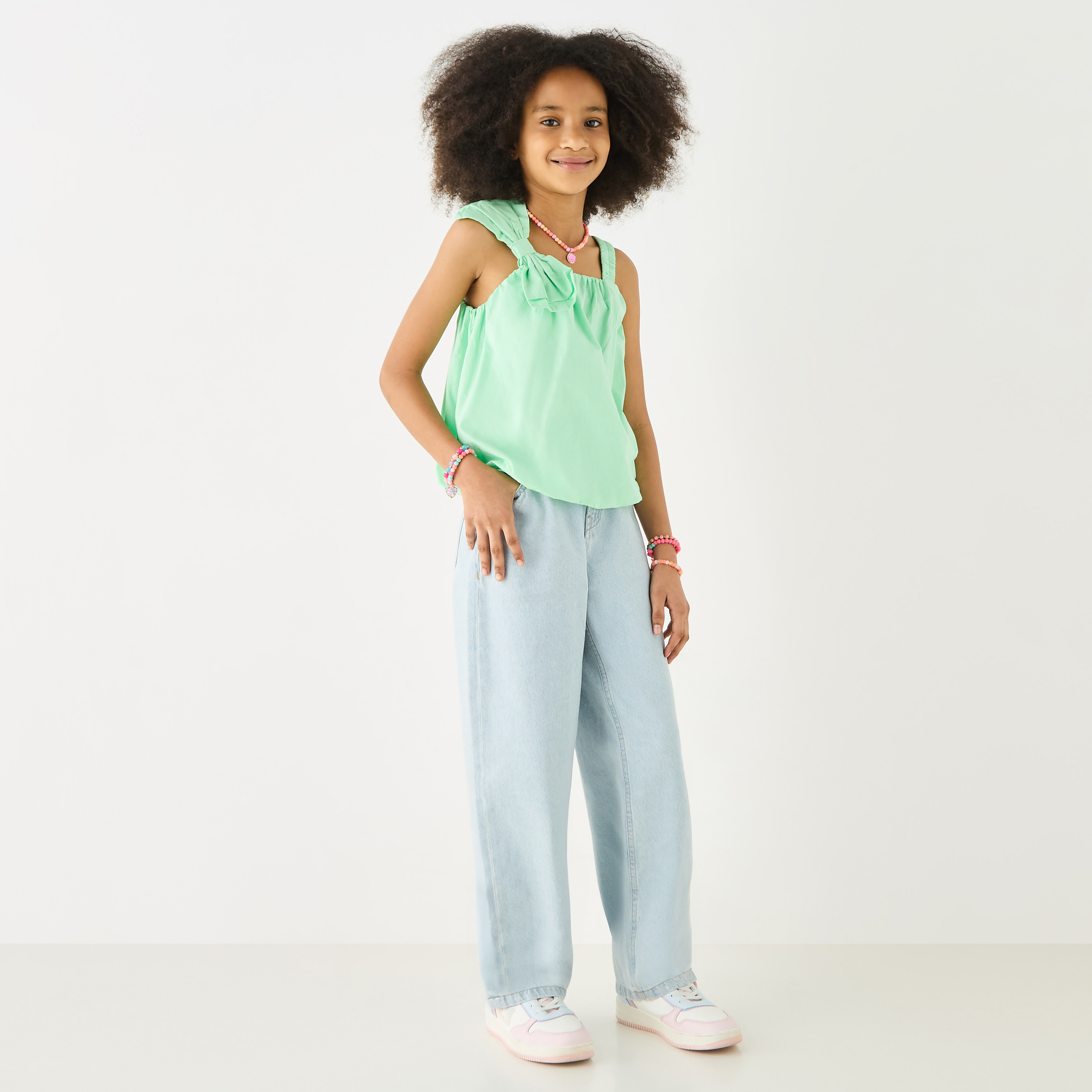 Juniors Solid Sleeveless Top with Bow Applique and Square Neck-girls-clothing-blousesandshirts-image-2