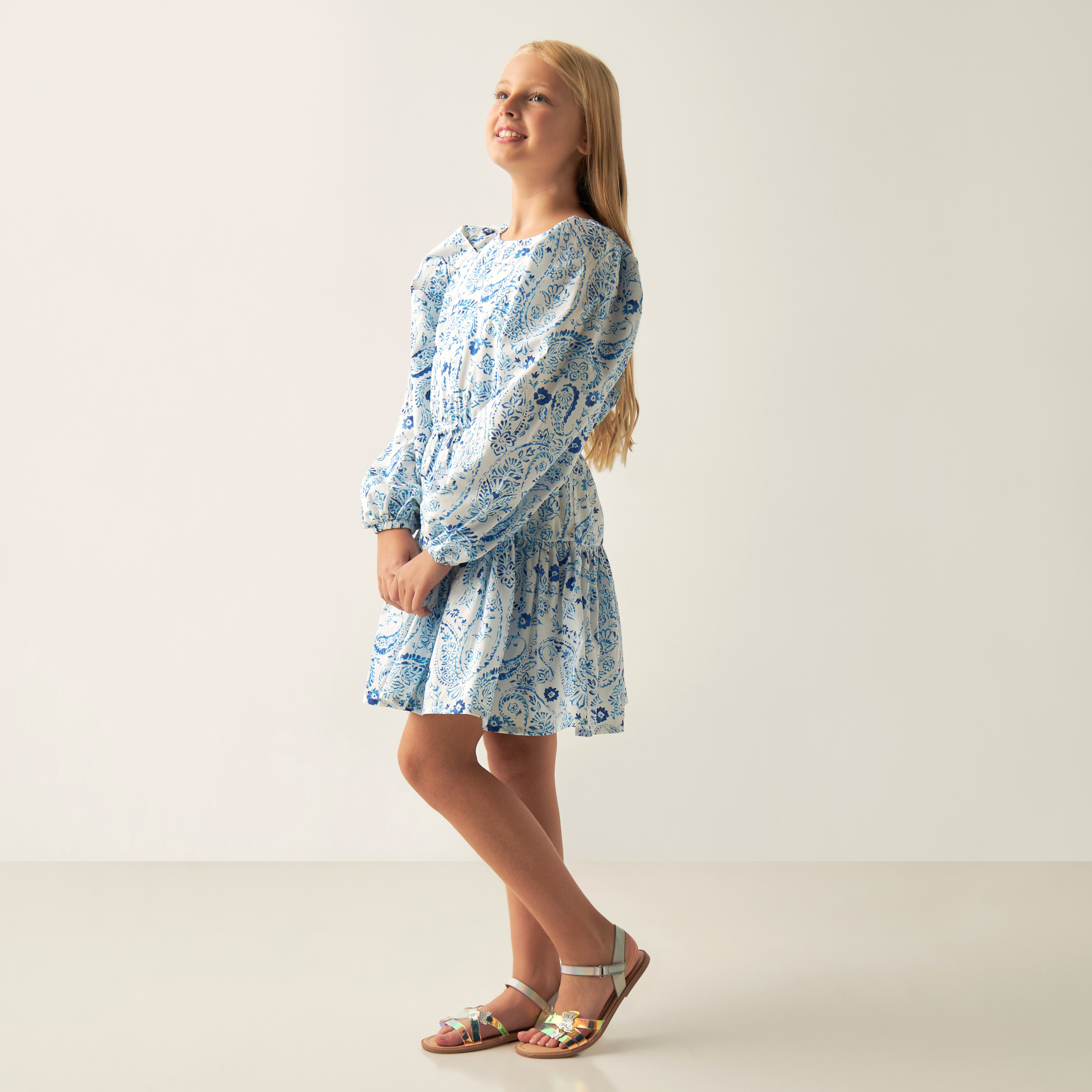 Juniors All-Over Paisley Print A-line Dress with Round Neck and Long Sleeves-girls-clothing-dressesandjumpsuits-image-2