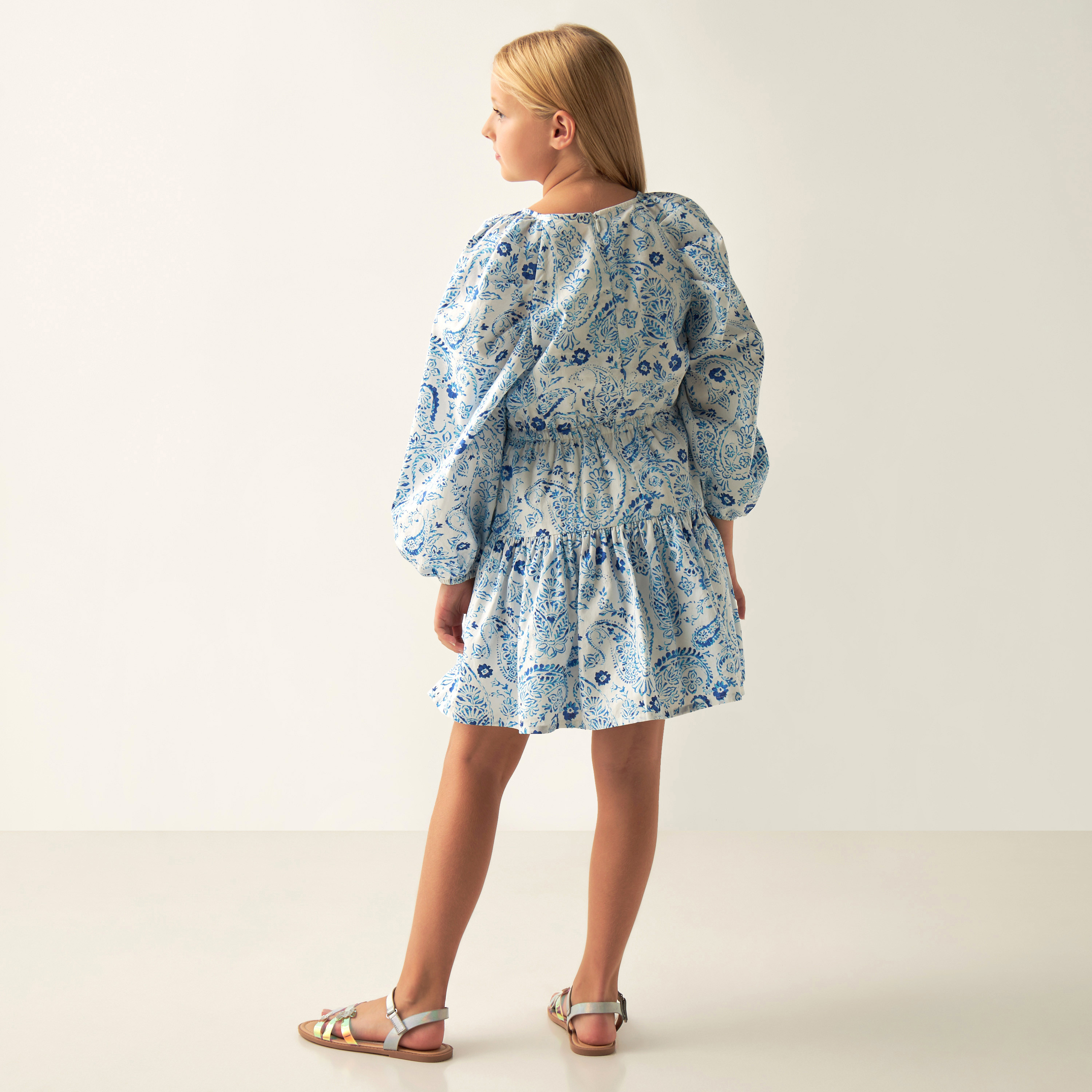 Juniors All-Over Paisley Print A-line Dress with Round Neck and Long Sleeves-girls-clothing-dressesandjumpsuits-image-3