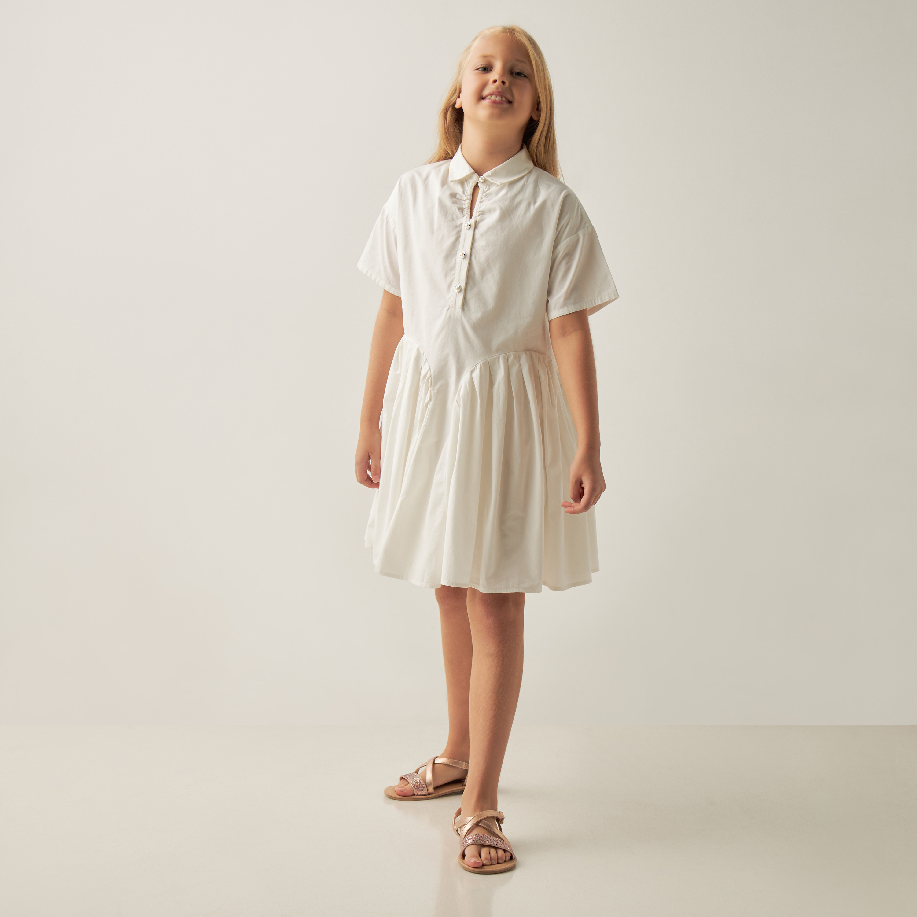 Juniors Solid A-line Dress with Collar and Short Sleeves-girls-clothing-dressesandjumpsuits-image-2