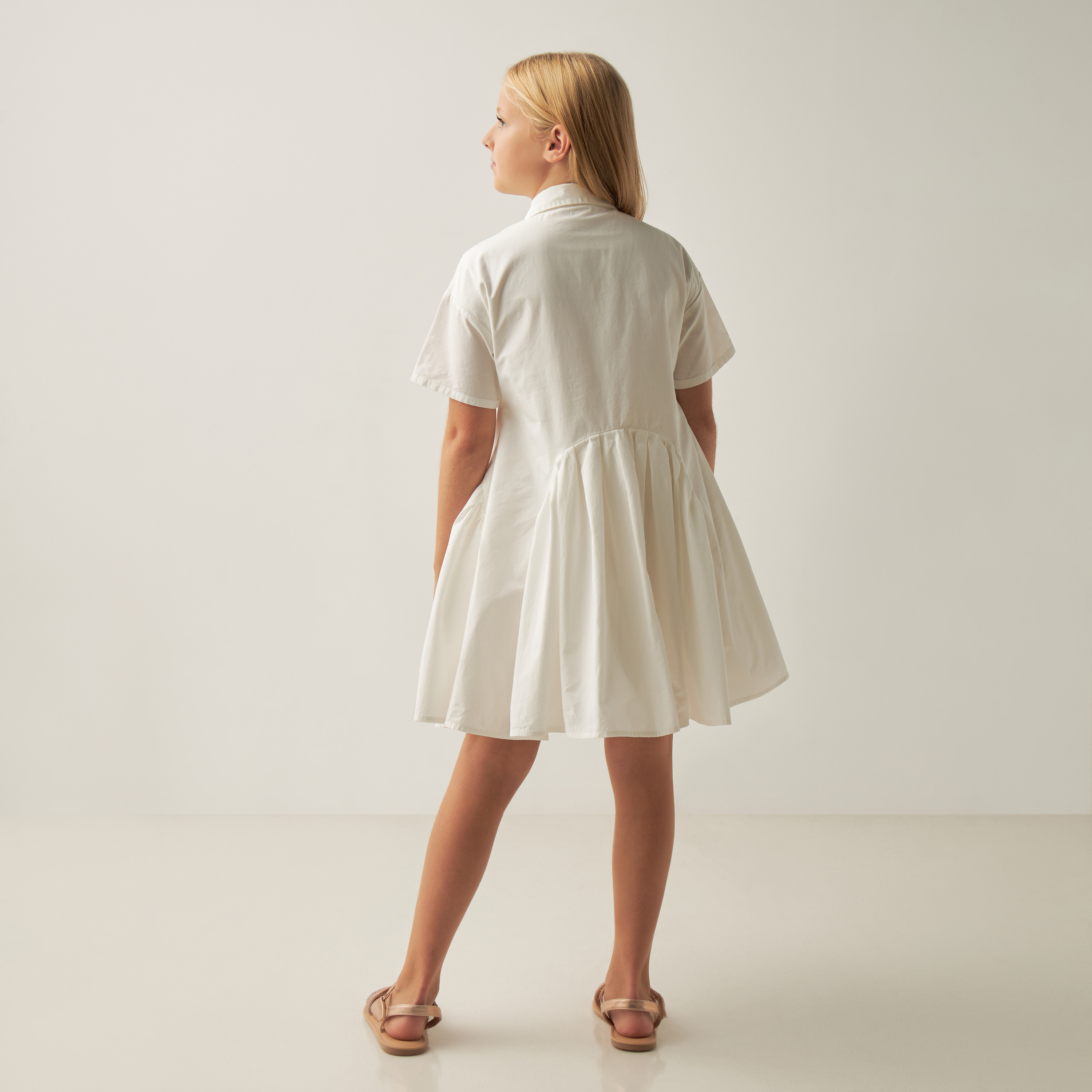 Juniors Solid A-line Dress with Collar and Short Sleeves-girls-clothing-dressesandjumpsuits-image-3