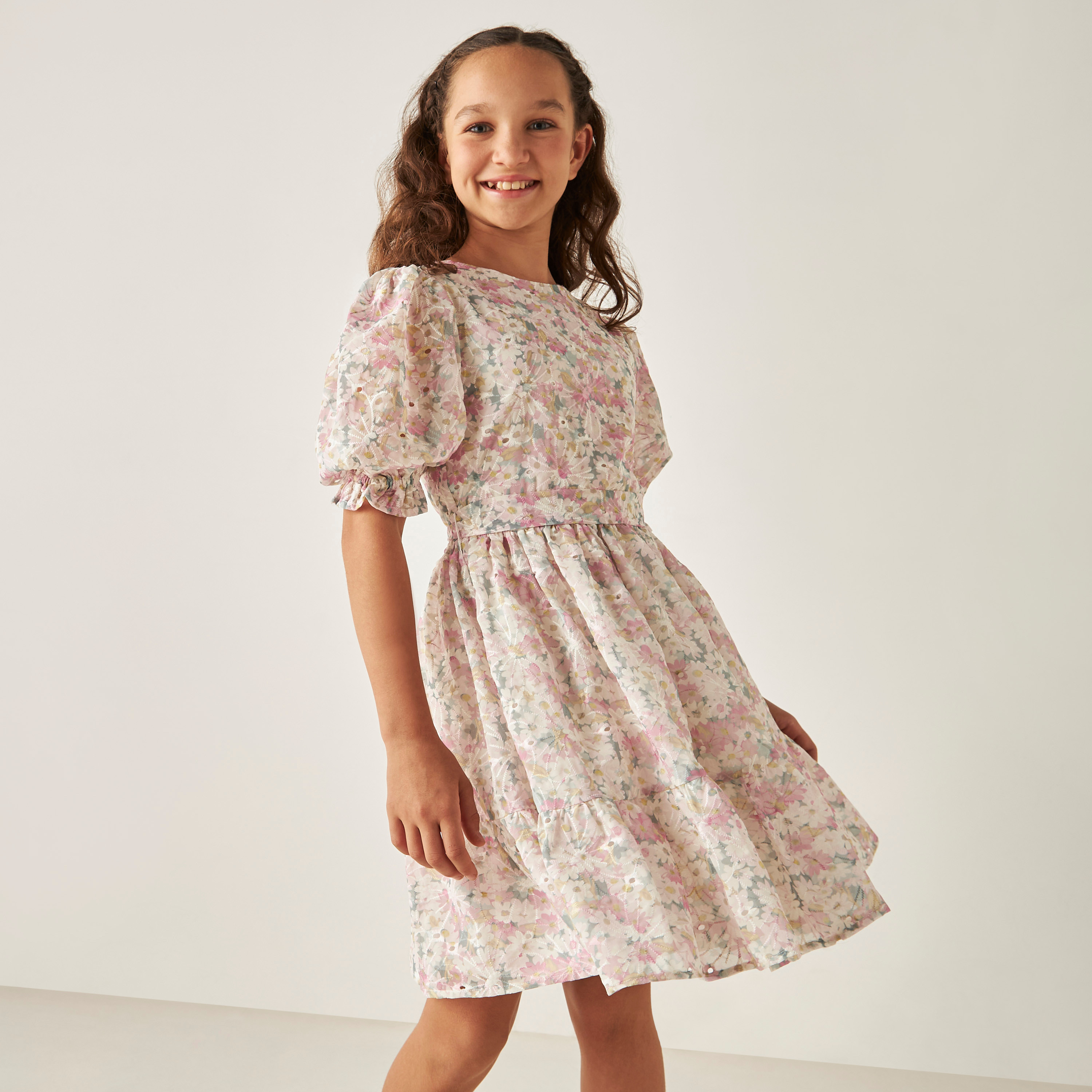 Juniors All-Over Floral Print Dress with Puff Sleeves and Tie-Up Detail-girls-clothing-dressesandjumpsuits-image-2