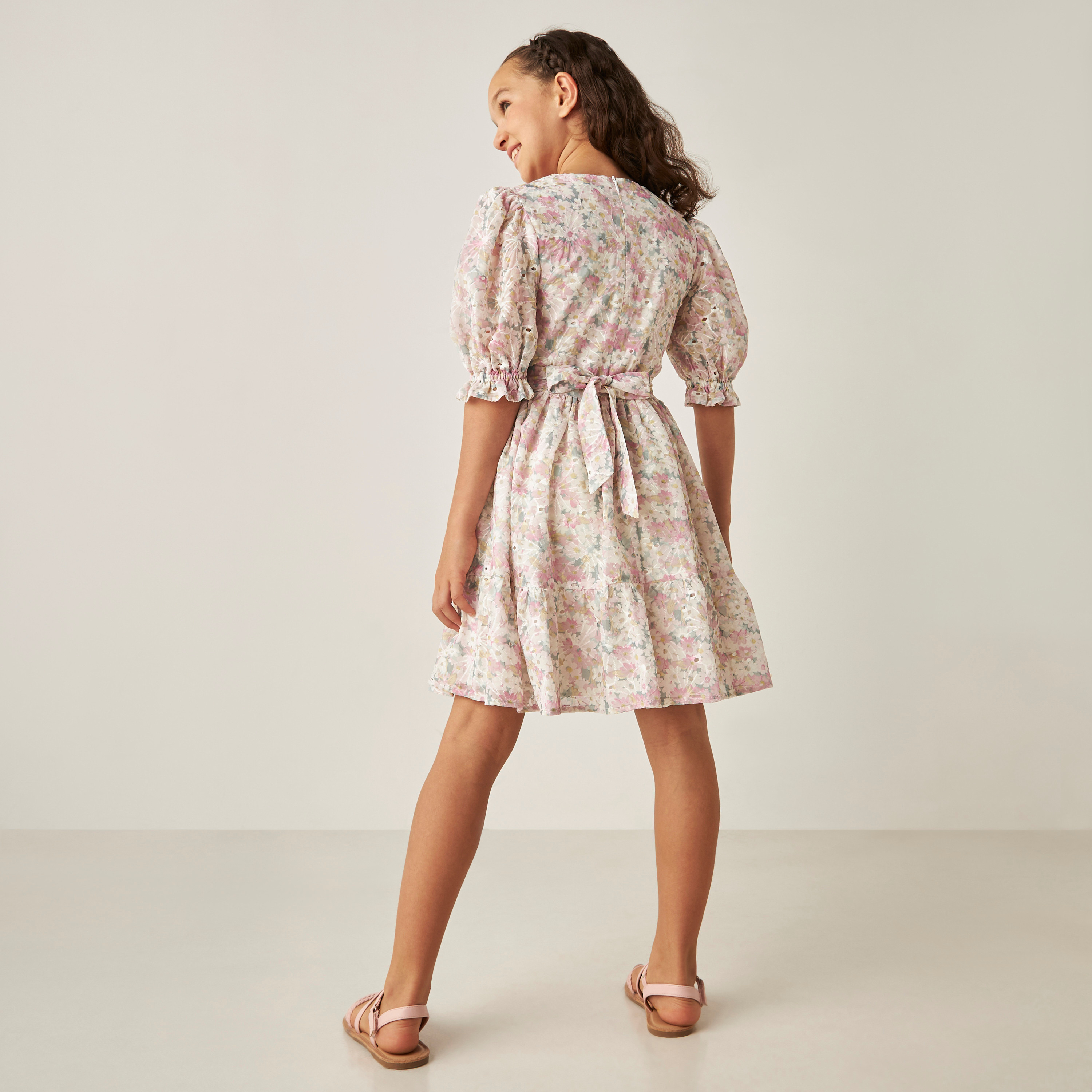 Juniors All-Over Floral Print Dress with Puff Sleeves and Tie-Up Detail-girls-clothing-dressesandjumpsuits-image-3