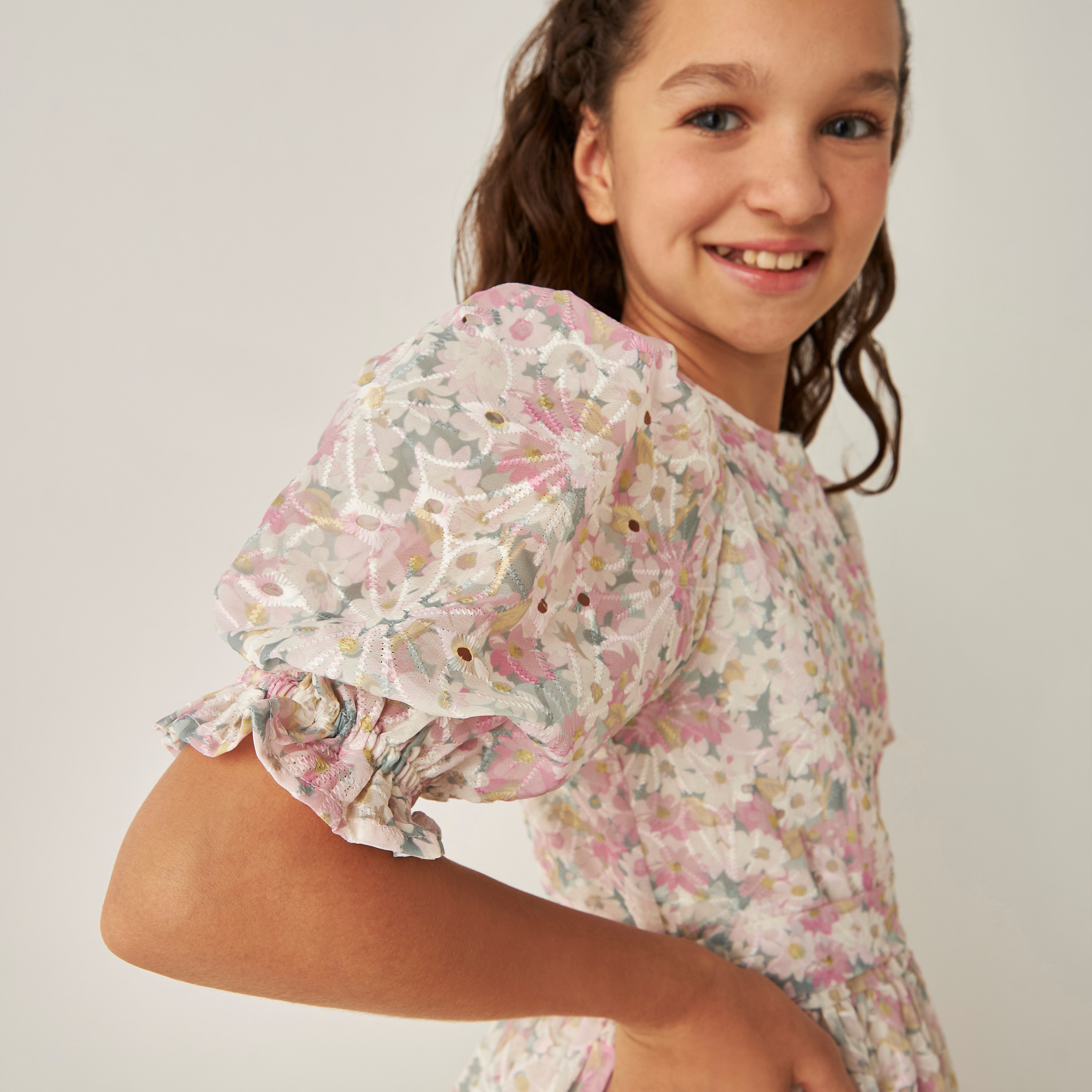 Juniors All-Over Floral Print Dress with Puff Sleeves and Tie-Up Detail-girls-clothing-dressesandjumpsuits-image-4