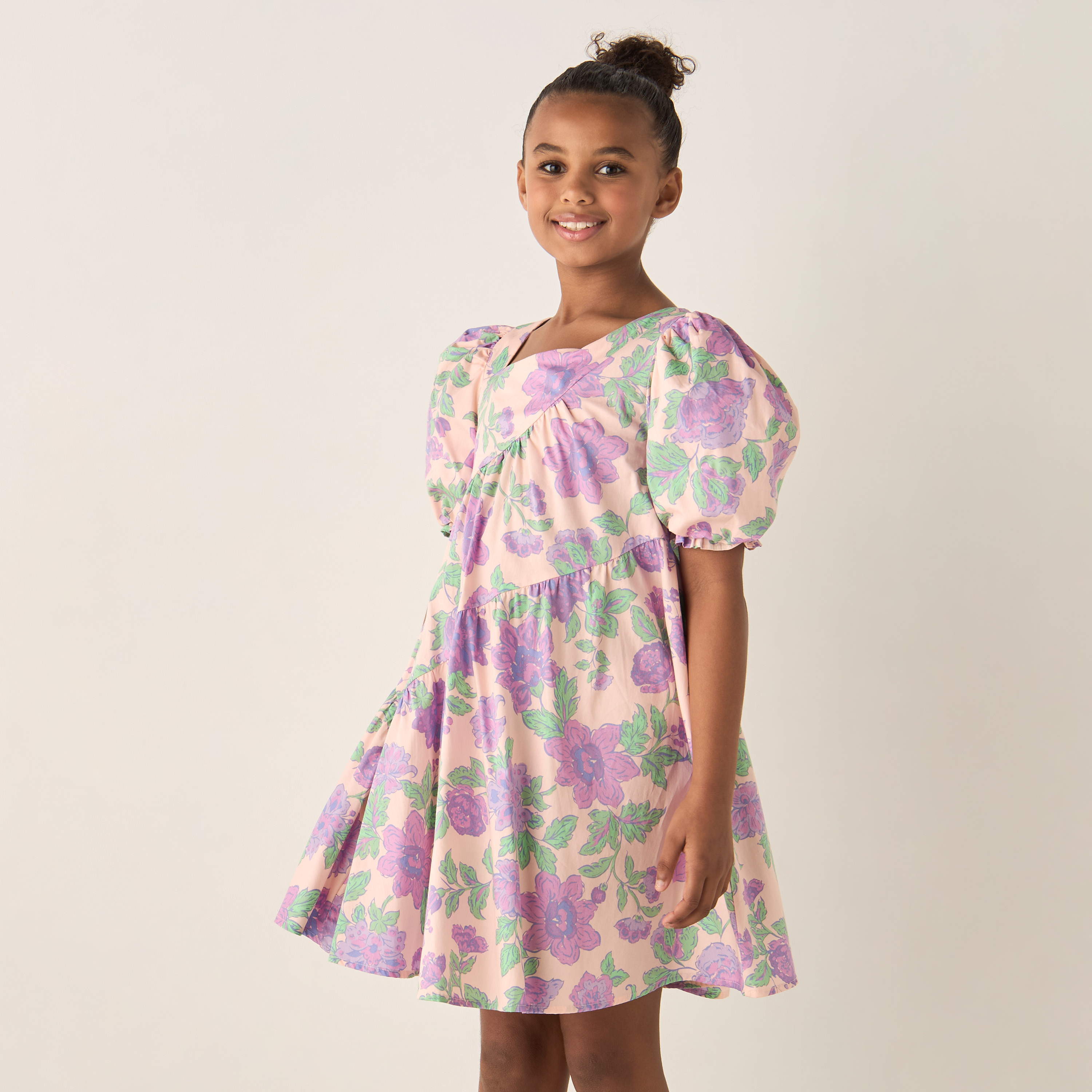 Buy Juniors All Over Floral Print A line Dress with Short Puff Sleeves and Asymmetric Neck Online for Girls Centrepoint Bahrain