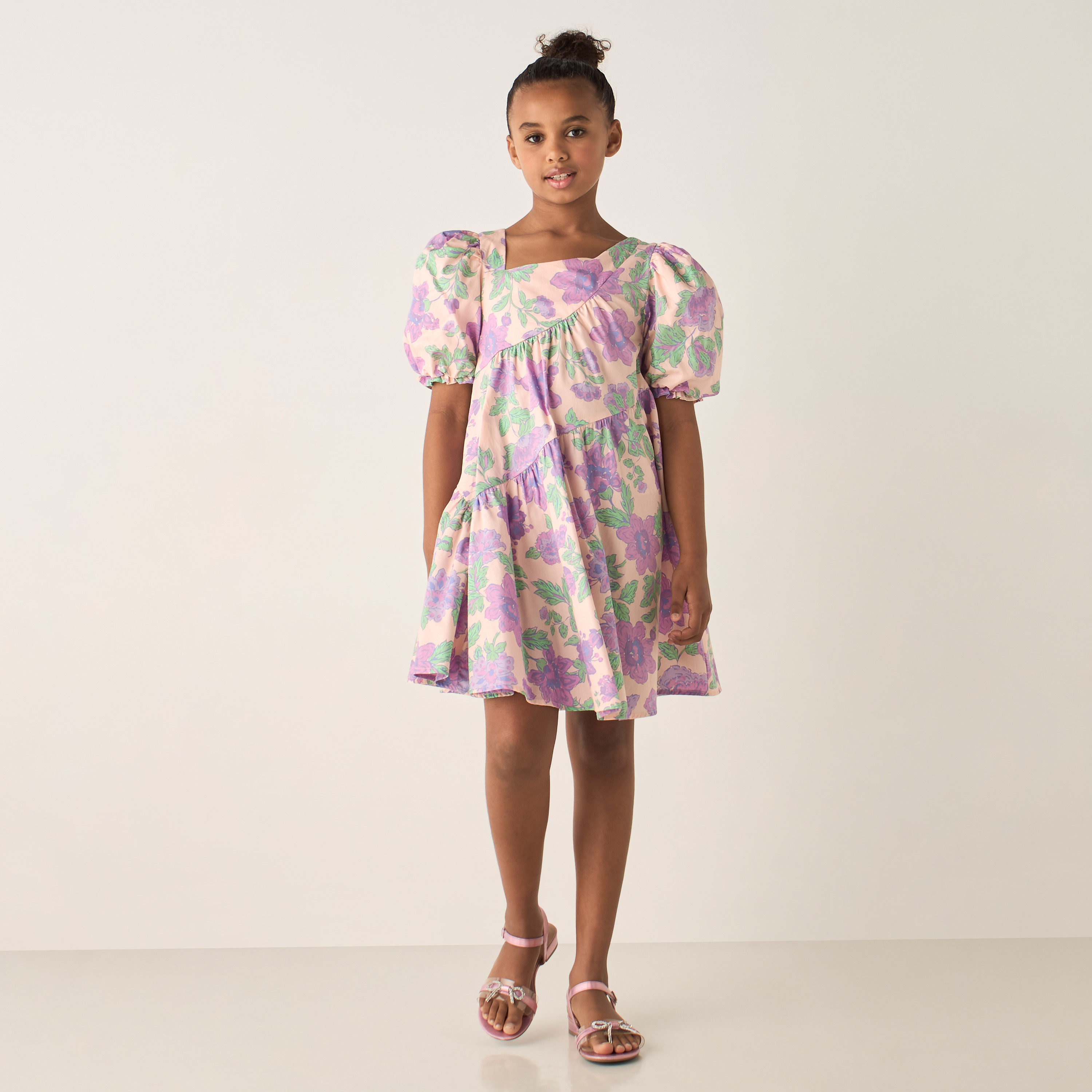 Juniors All-Over Floral Print A-line Dress with Short Puff Sleeves and Asymmetric Neck-girls-clothing-dressesandjumpsuits-image-2