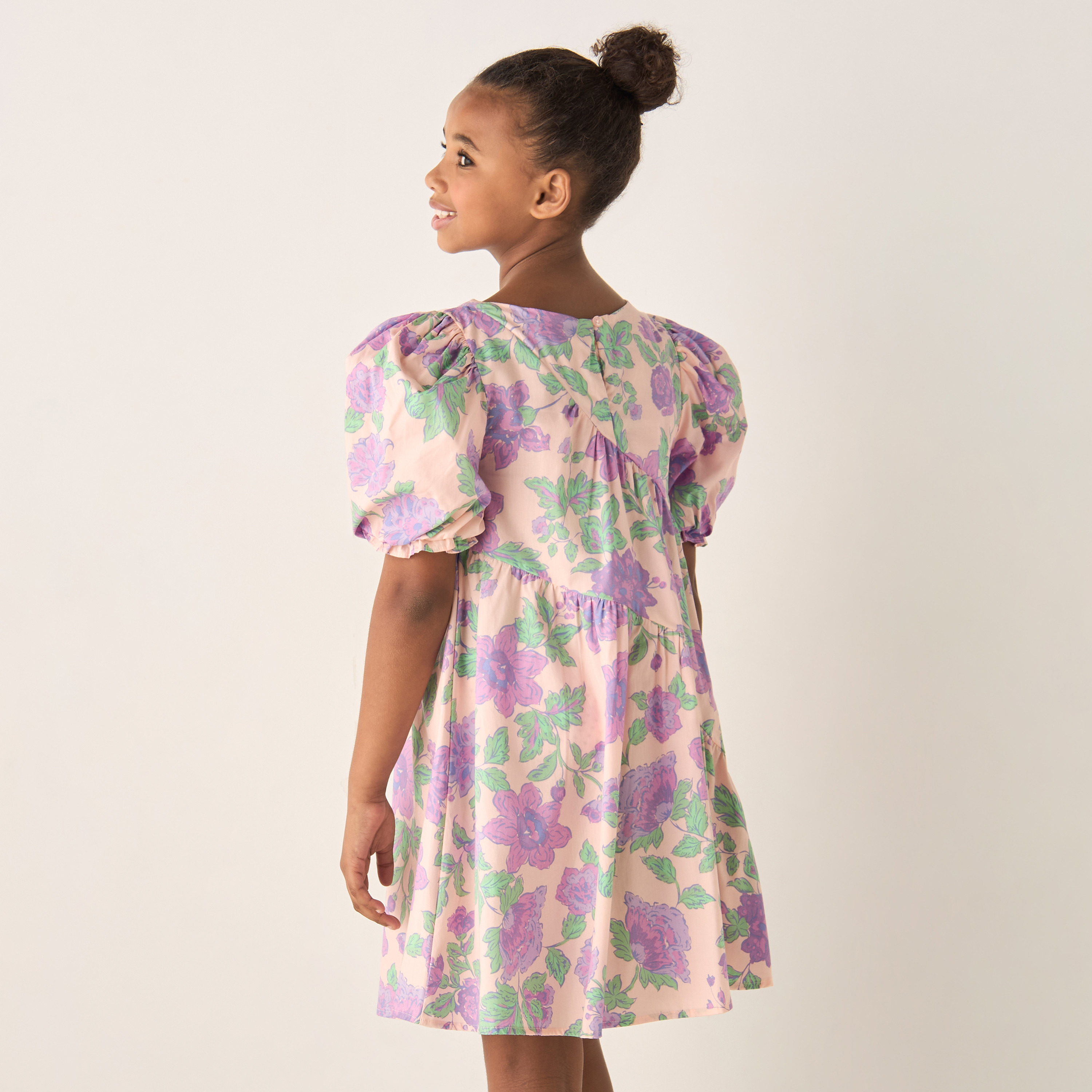 Juniors All-Over Floral Print A-line Dress with Short Puff Sleeves and Asymmetric Neck-girls-clothing-dressesandjumpsuits-image-3
