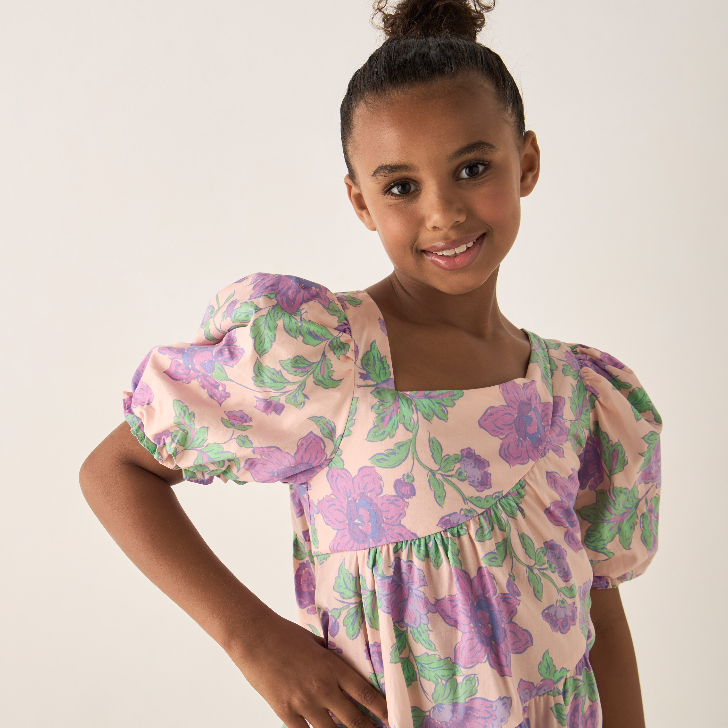 Juniors All-Over Floral Print A-line Dress with Short Puff Sleeves and Asymmetric Neck-girls-clothing-dressesandjumpsuits-image-4