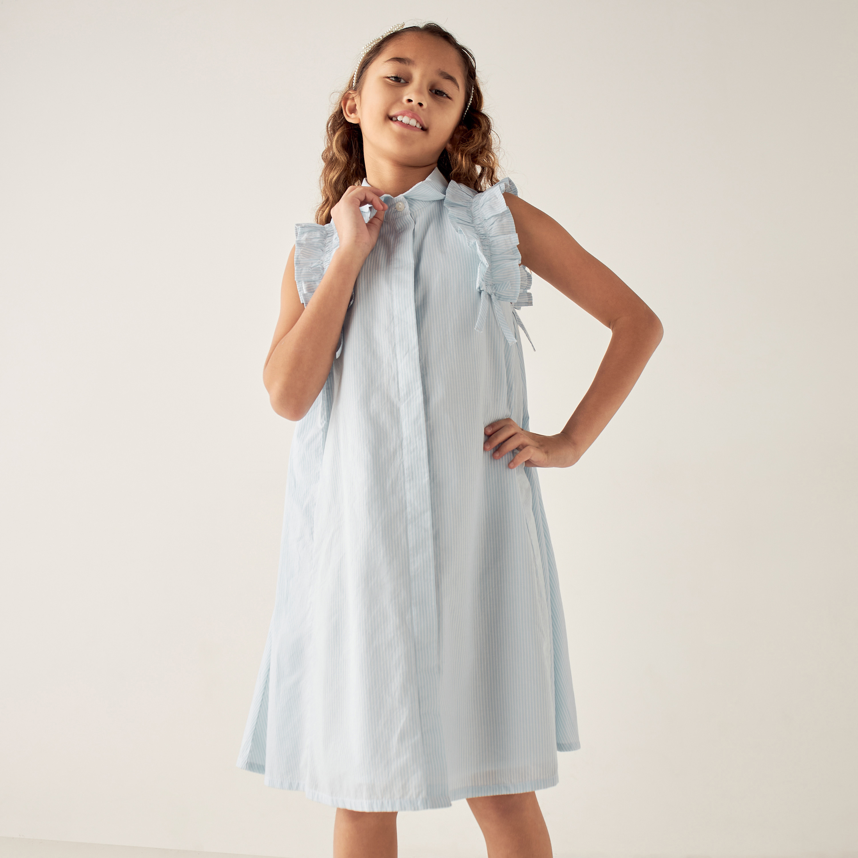 Juniors Striped Button Down Sleeveless Dress with Ruffles-girls-clothing-dressesandjumpsuits-image-2
