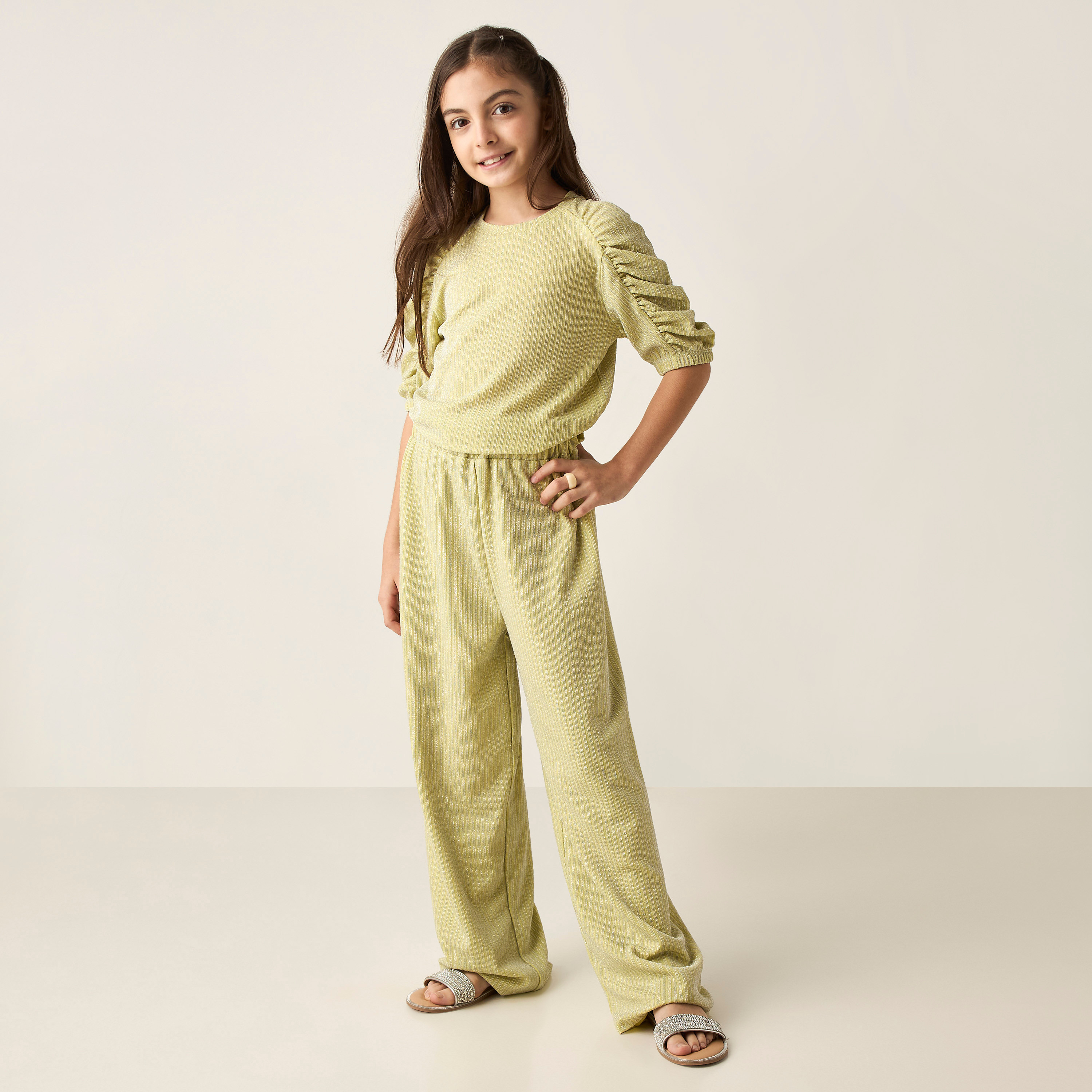 Juniors Textured Short Sleeve Top and Pants Set-girls-clothing-setsandcoords-image-1