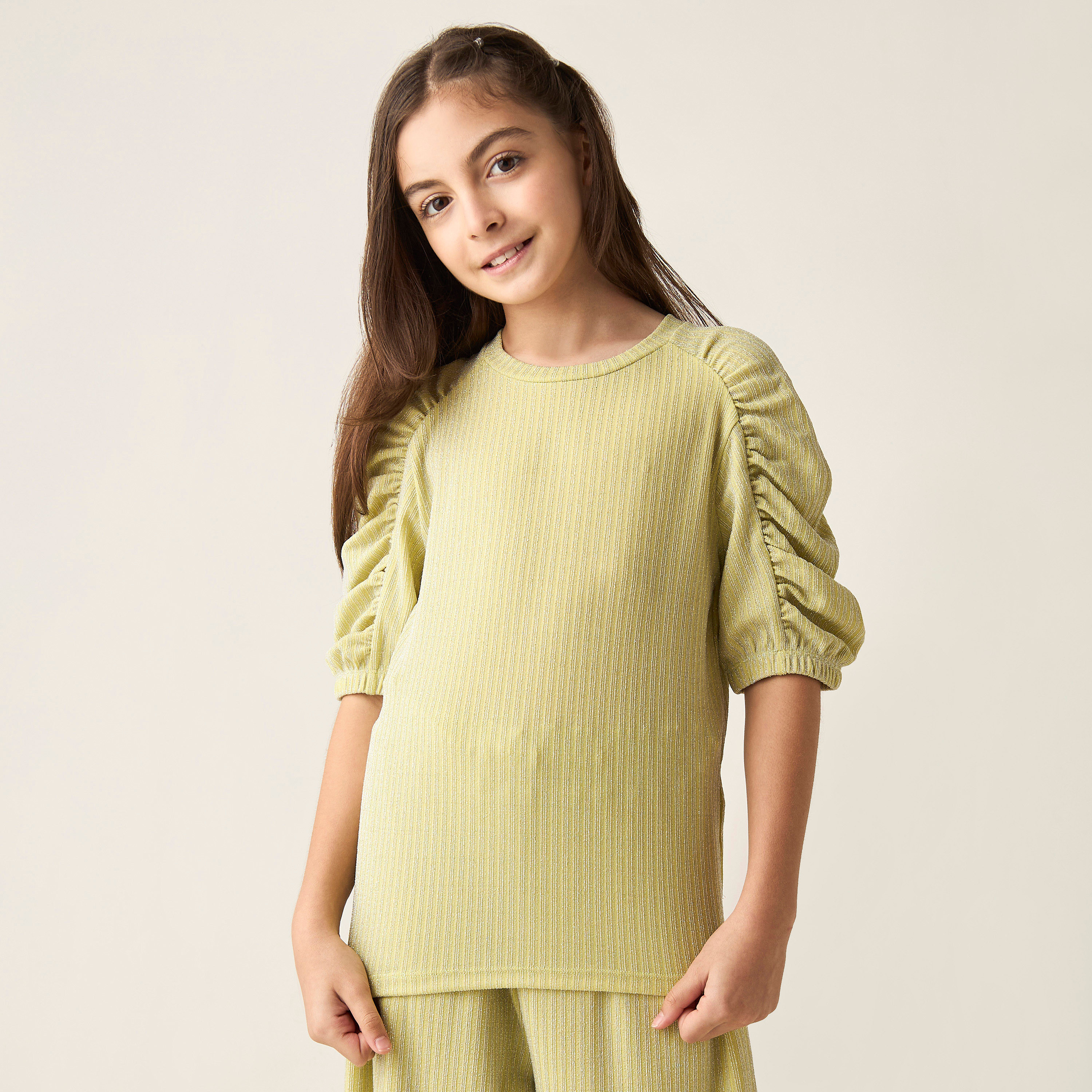 Juniors Textured Short Sleeve Top and Pants Set-girls-clothing-setsandcoords-image-2