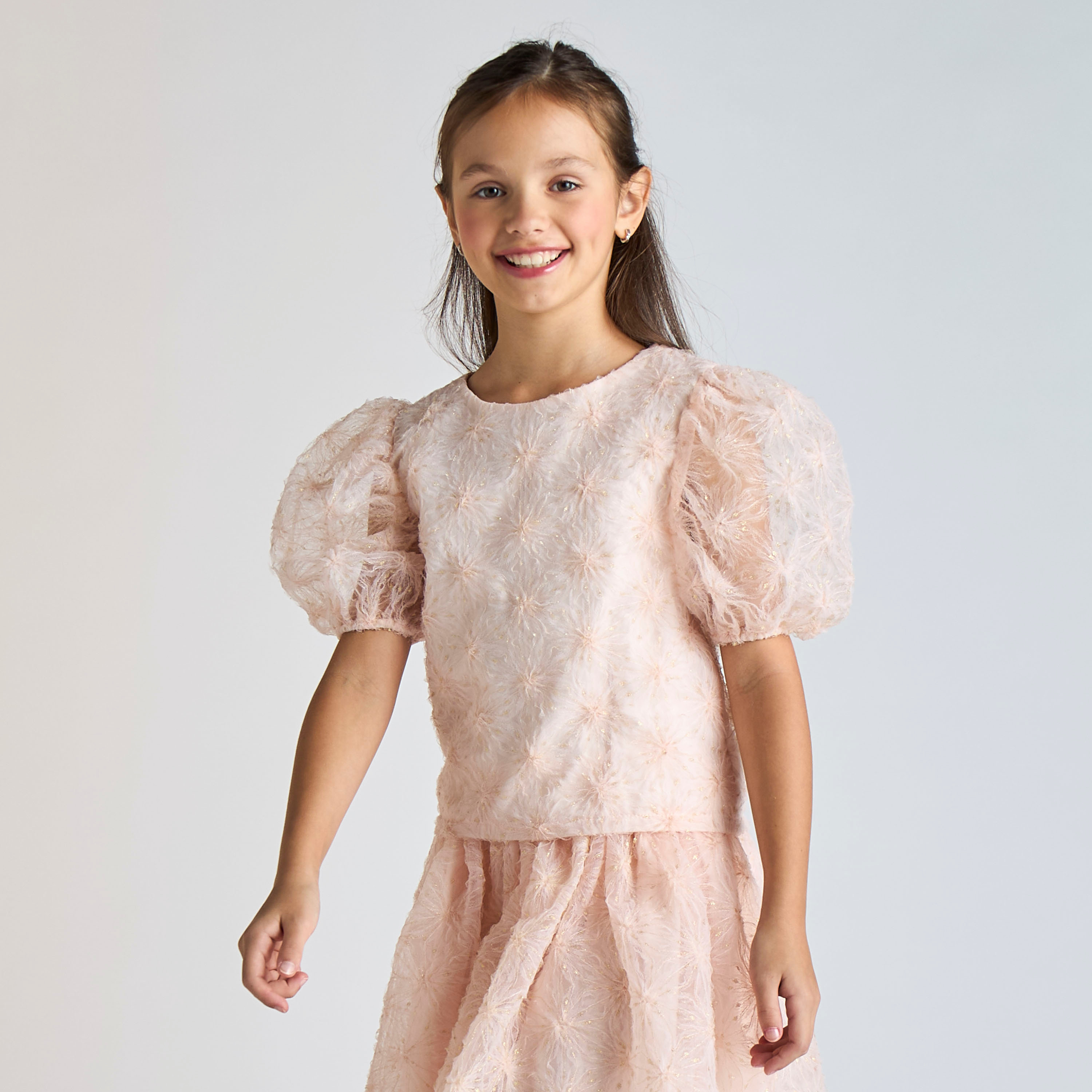 Juniors Floral Textured Top with Puff Sleeves and Zip Closure-girls-clothing-blousesandshirts-image-1
