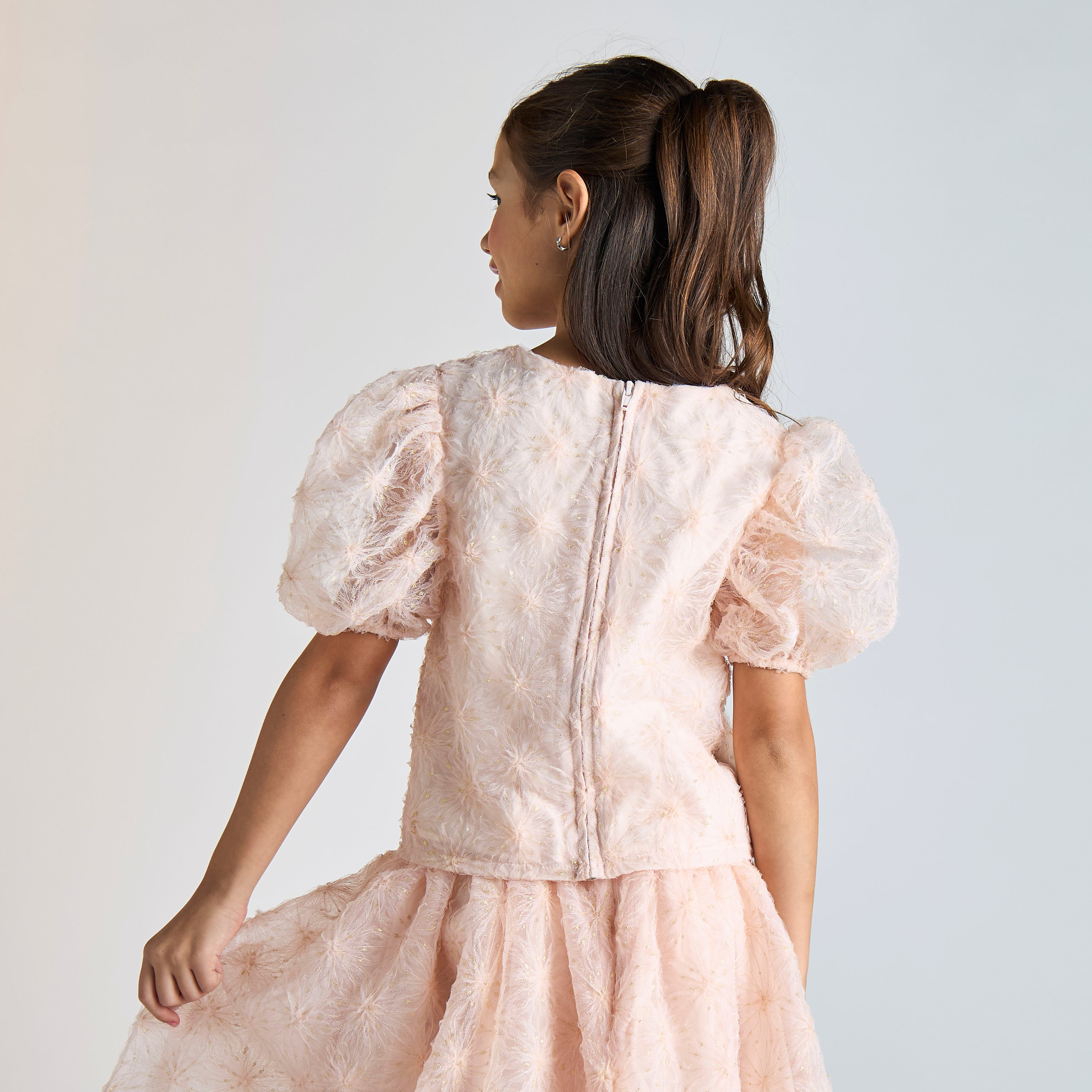 Juniors Floral Textured Top with Puff Sleeves and Zip Closure-girls-clothing-blousesandshirts-image-3