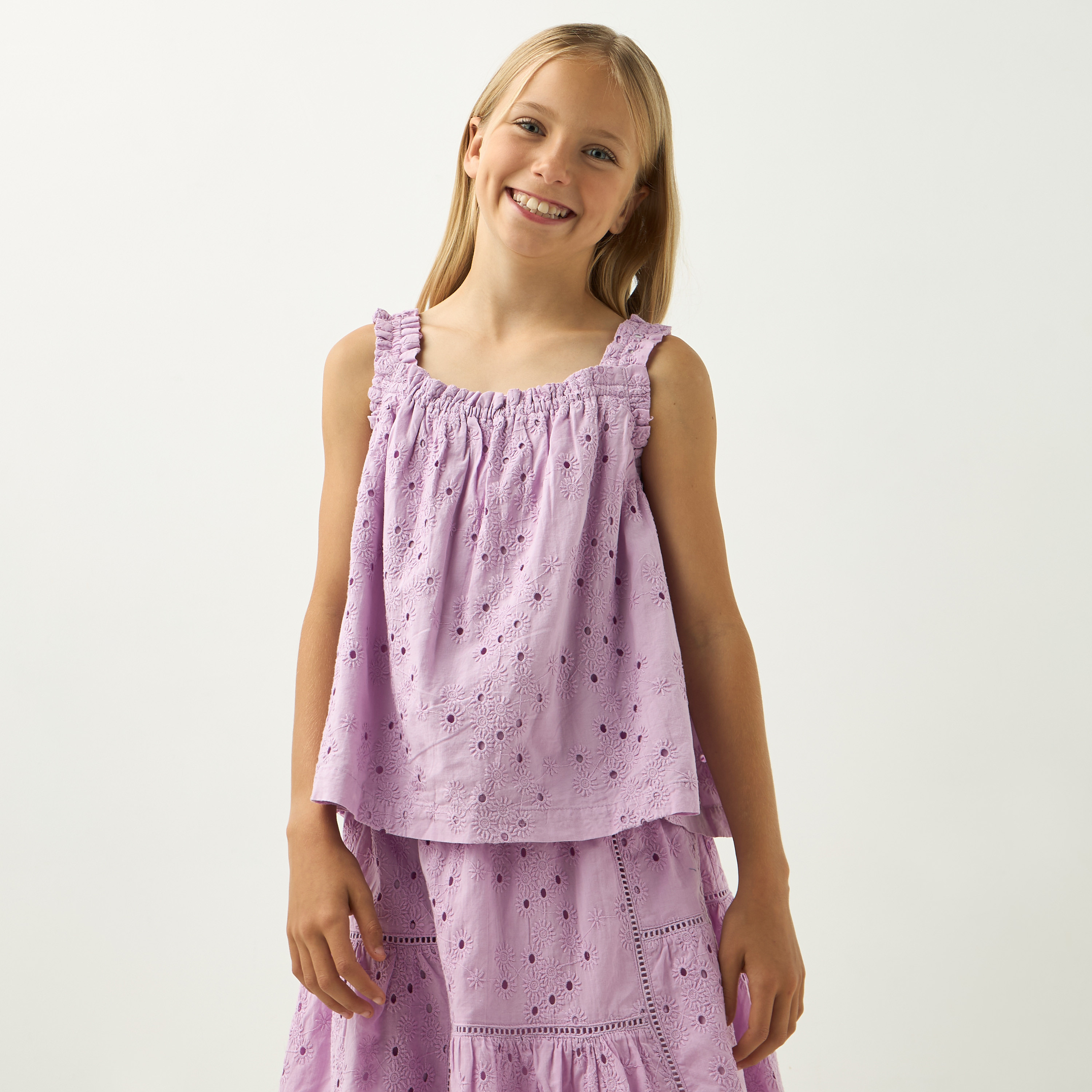 Eligo Schiffli Ruffle Detail Sleeveless Top-girls-clothing-blousesandshirts-image-1