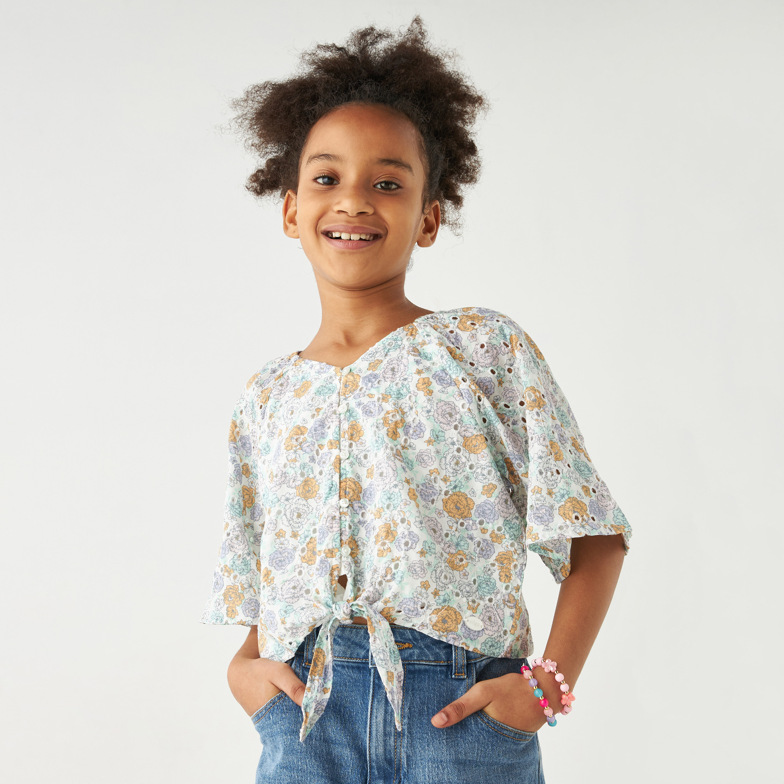 Eligo All-Over Floral Print Schiffli Detail Top with V-neck and Tie-Up Detail-girls-clothing-blousesandshirts-image-1