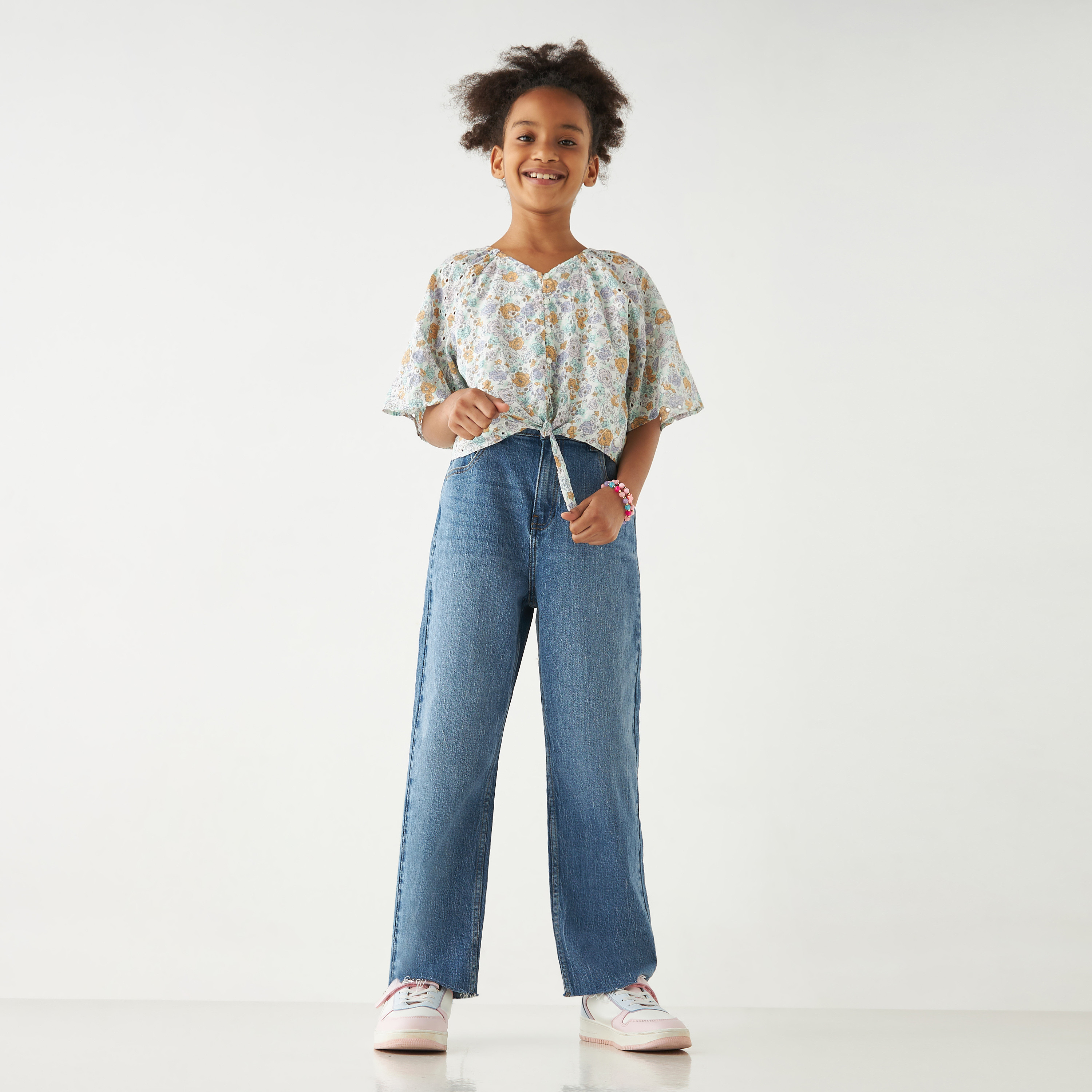 Eligo All-Over Floral Print Schiffli Detail Top with V-neck and Tie-Up Detail-girls-clothing-blousesandshirts-image-2