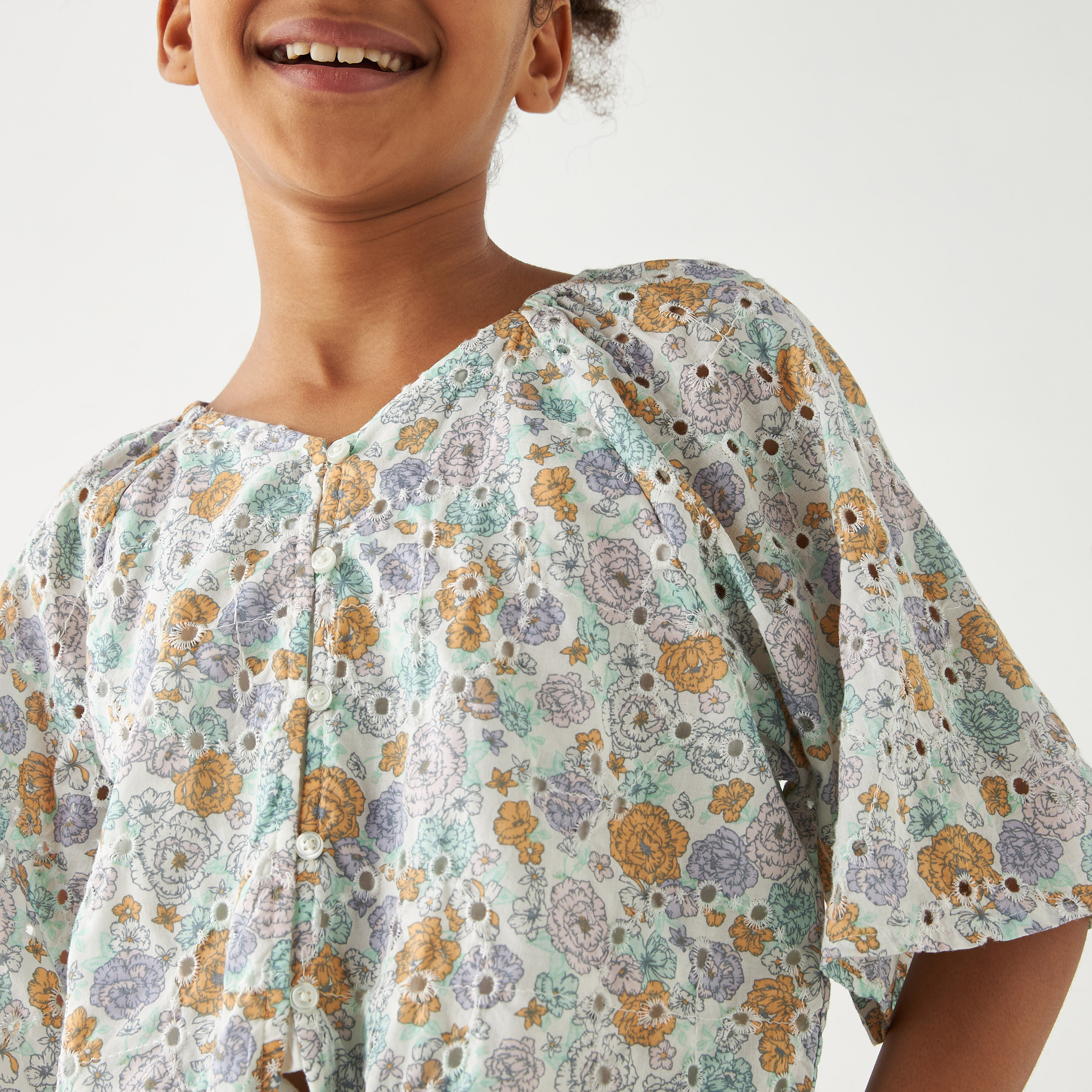 Eligo All-Over Floral Print Schiffli Detail Top with V-neck and Tie-Up Detail-girls-clothing-blousesandshirts-image-4