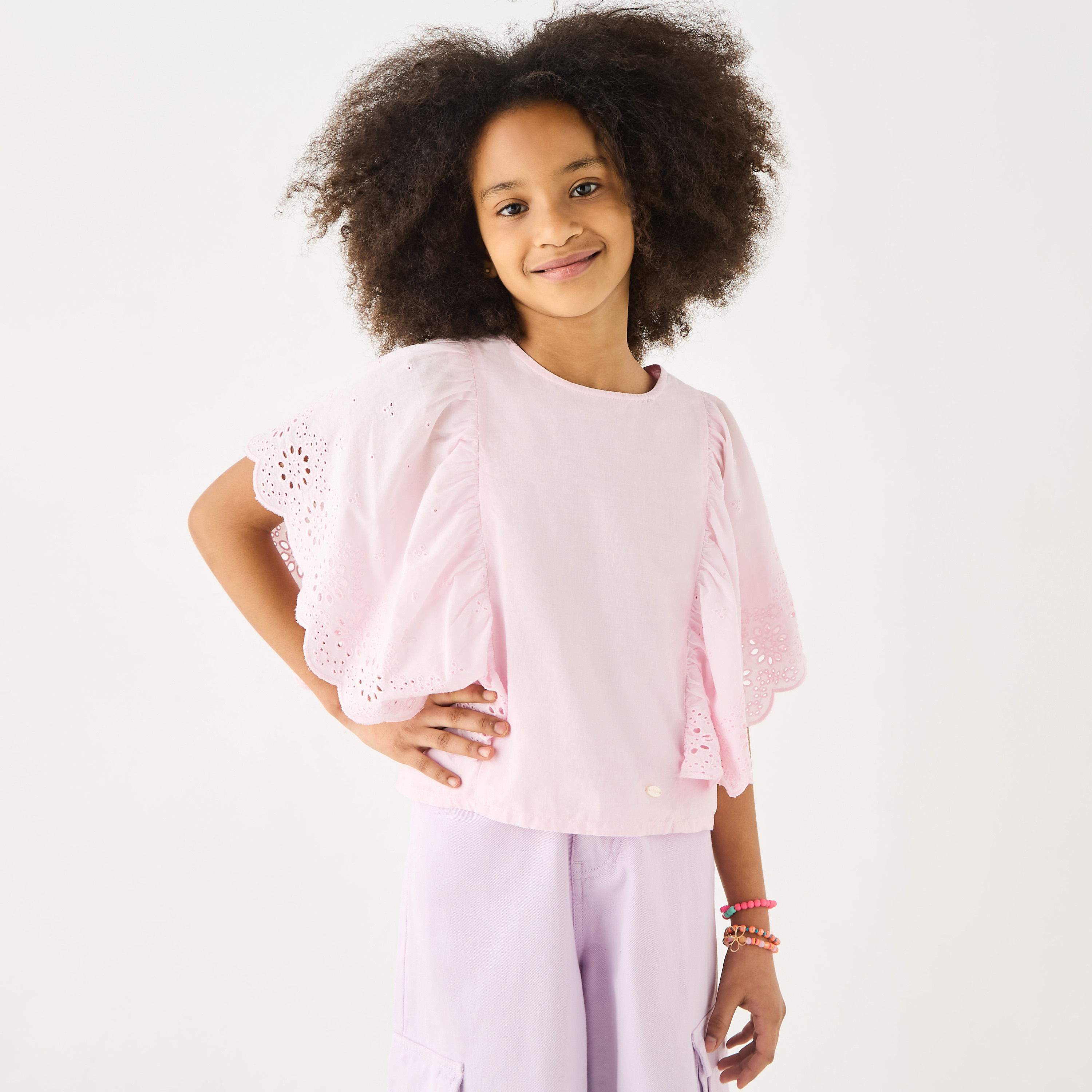 Eligo Solid Schiffli Detail Top with Flutter Sleeves and Crew Neck-girls-clothing-blousesandshirts-image-1