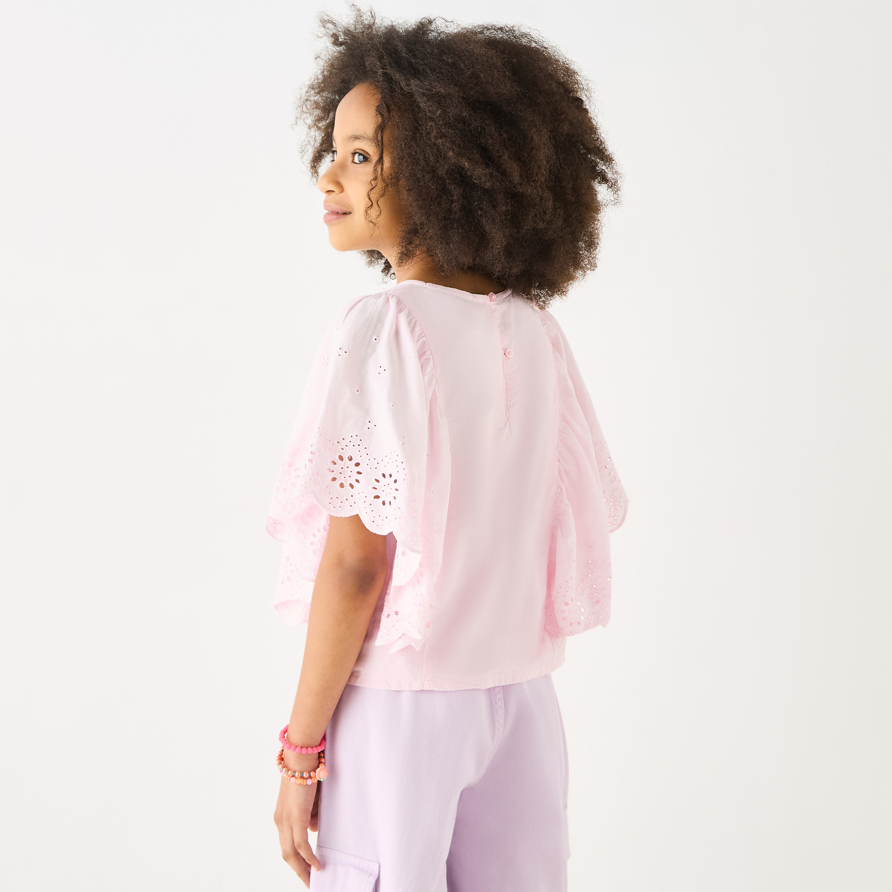 Eligo Solid Schiffli Detail Top with Flutter Sleeves and Crew Neck-girls-clothing-blousesandshirts-image-3