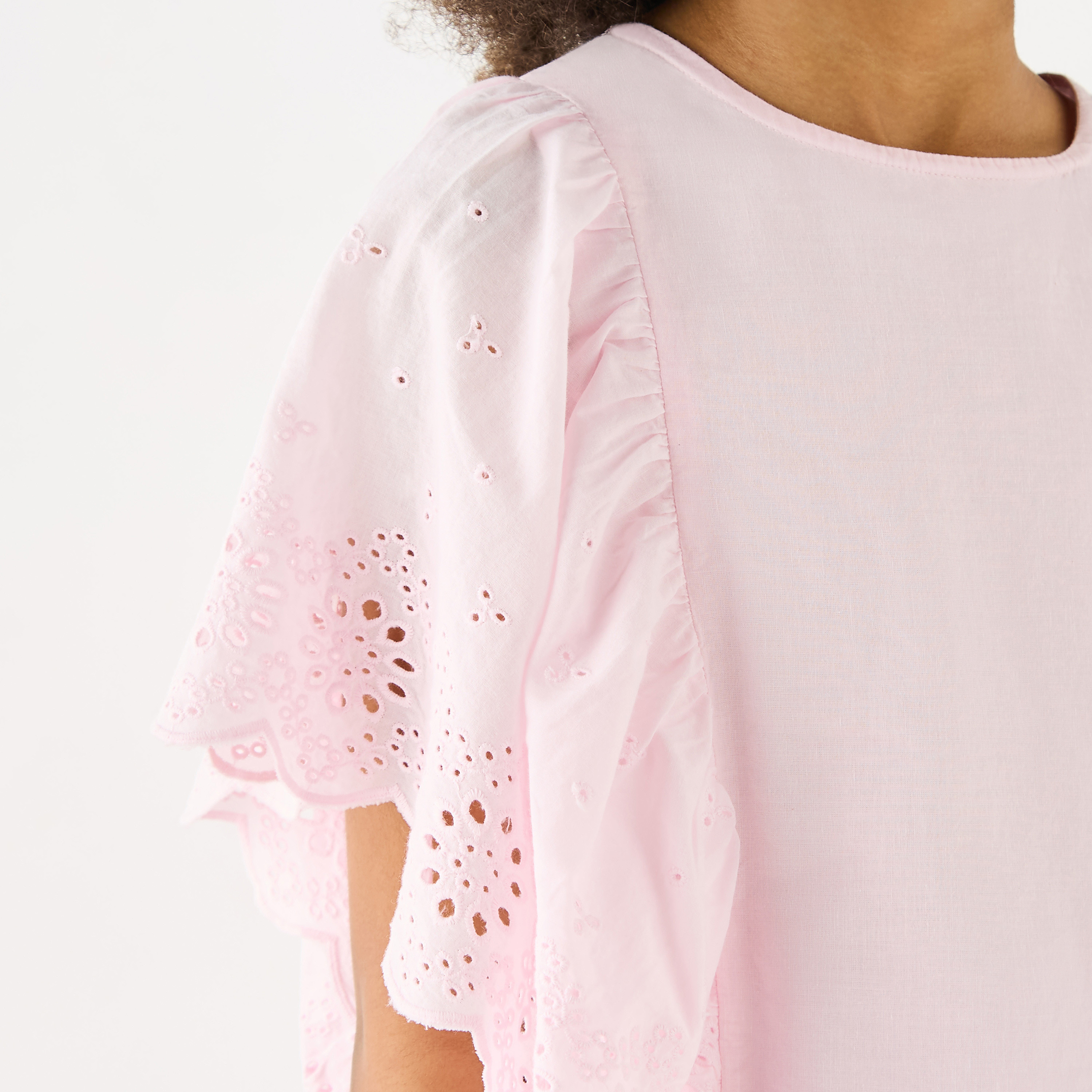 Eligo Solid Schiffli Detail Top with Flutter Sleeves and Crew Neck-girls-clothing-blousesandshirts-image-4
