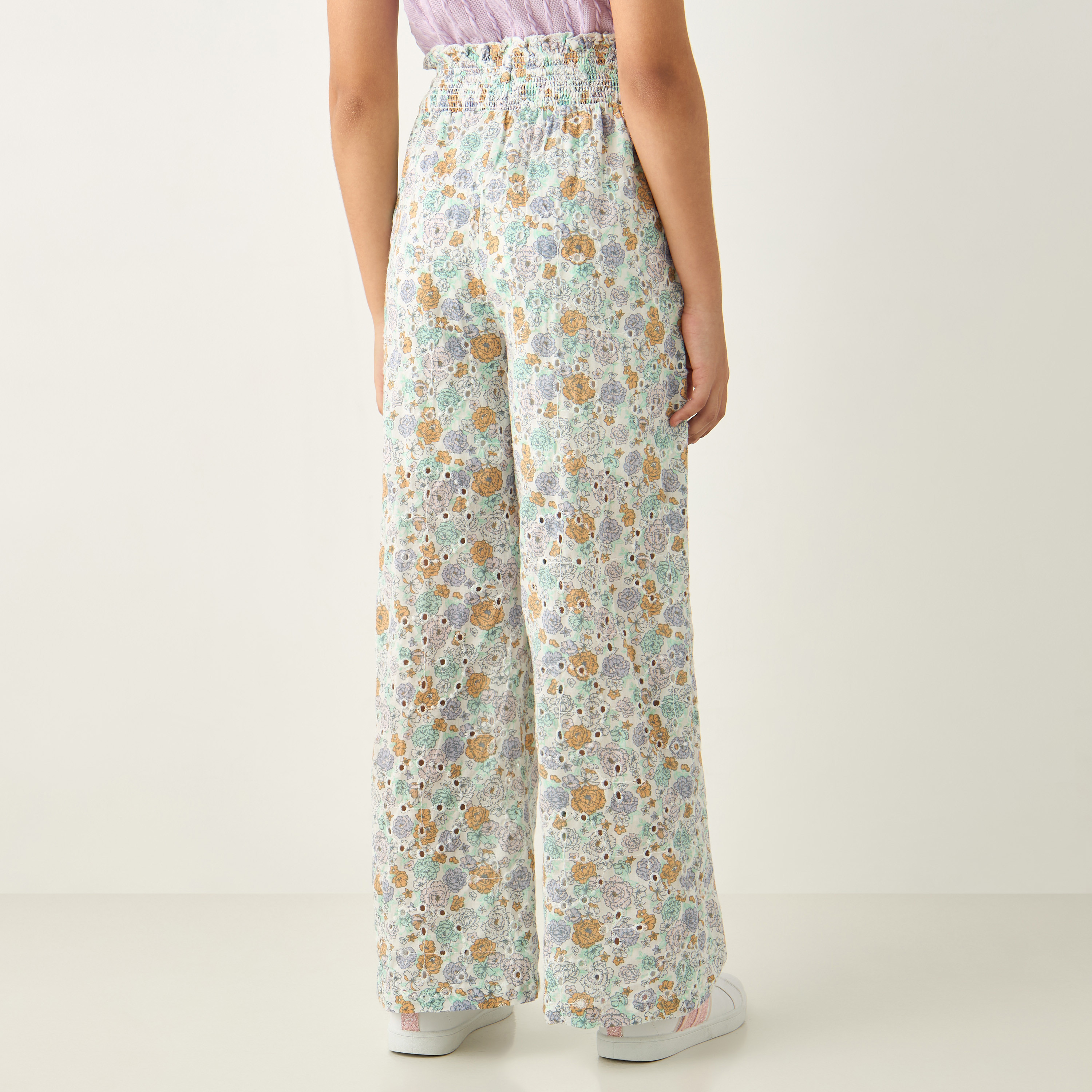 بنطلون بأرجل واسعة وخصر بيبرباج وتفاصيل شيفلي وطبعات زهرية من إليجو-girls-clothing-bottoms-trousers-image-2