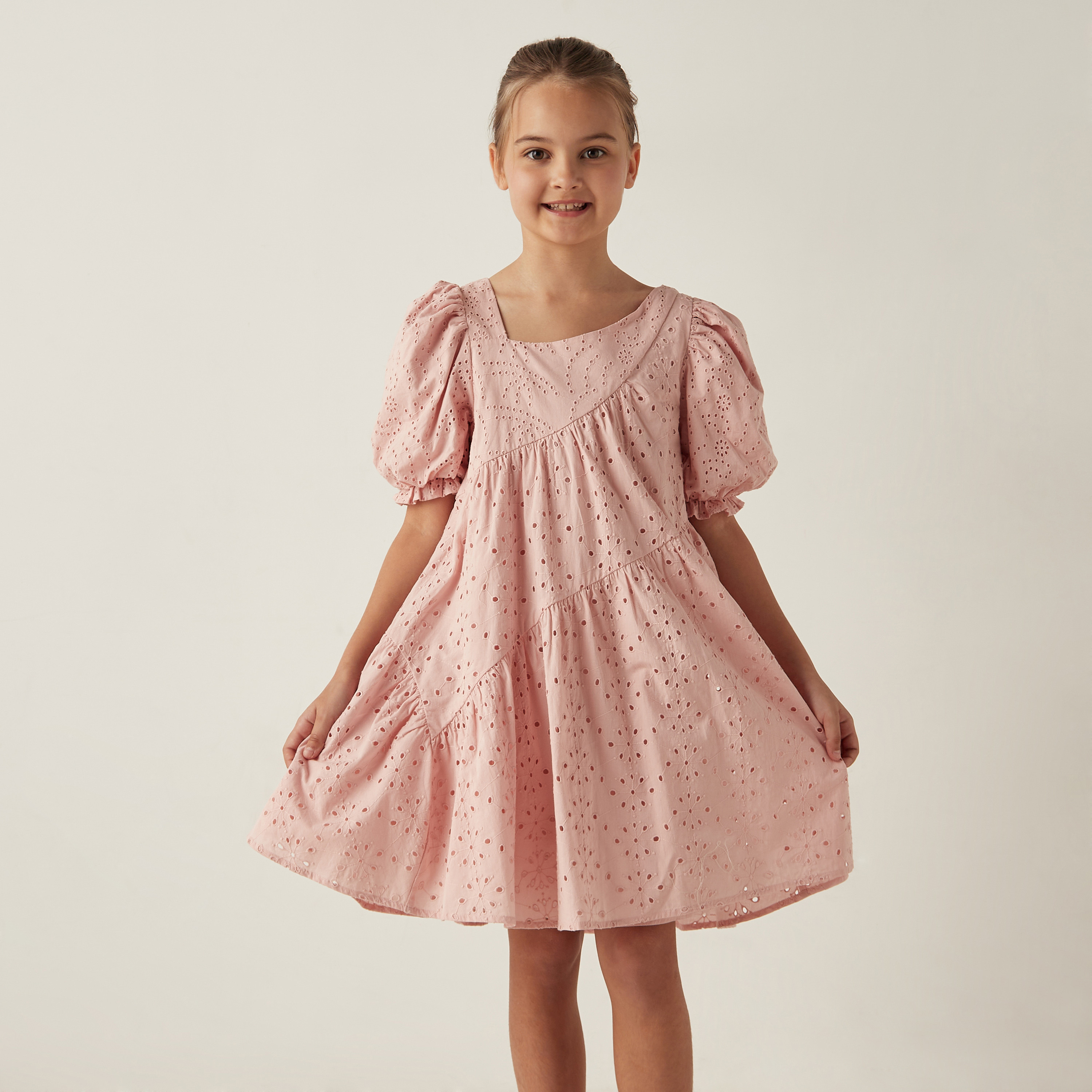 Eligo Schiffli Textured A-line Dress with Puff Sleeves-girls-clothing-dressesandjumpsuits-image-1